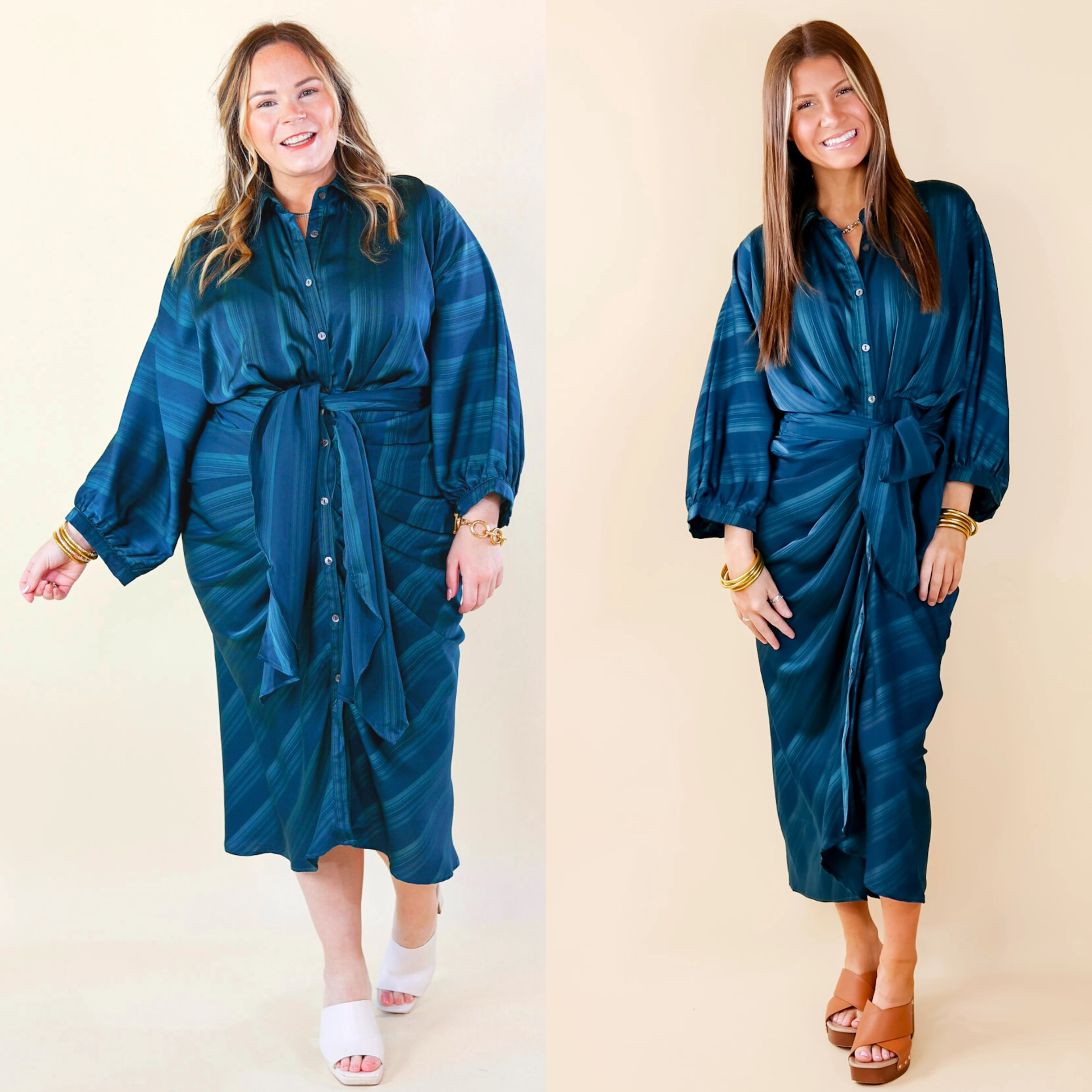 Decisions To Make Button Up Midi Dress in Dark Teal Blue Fresh Glow