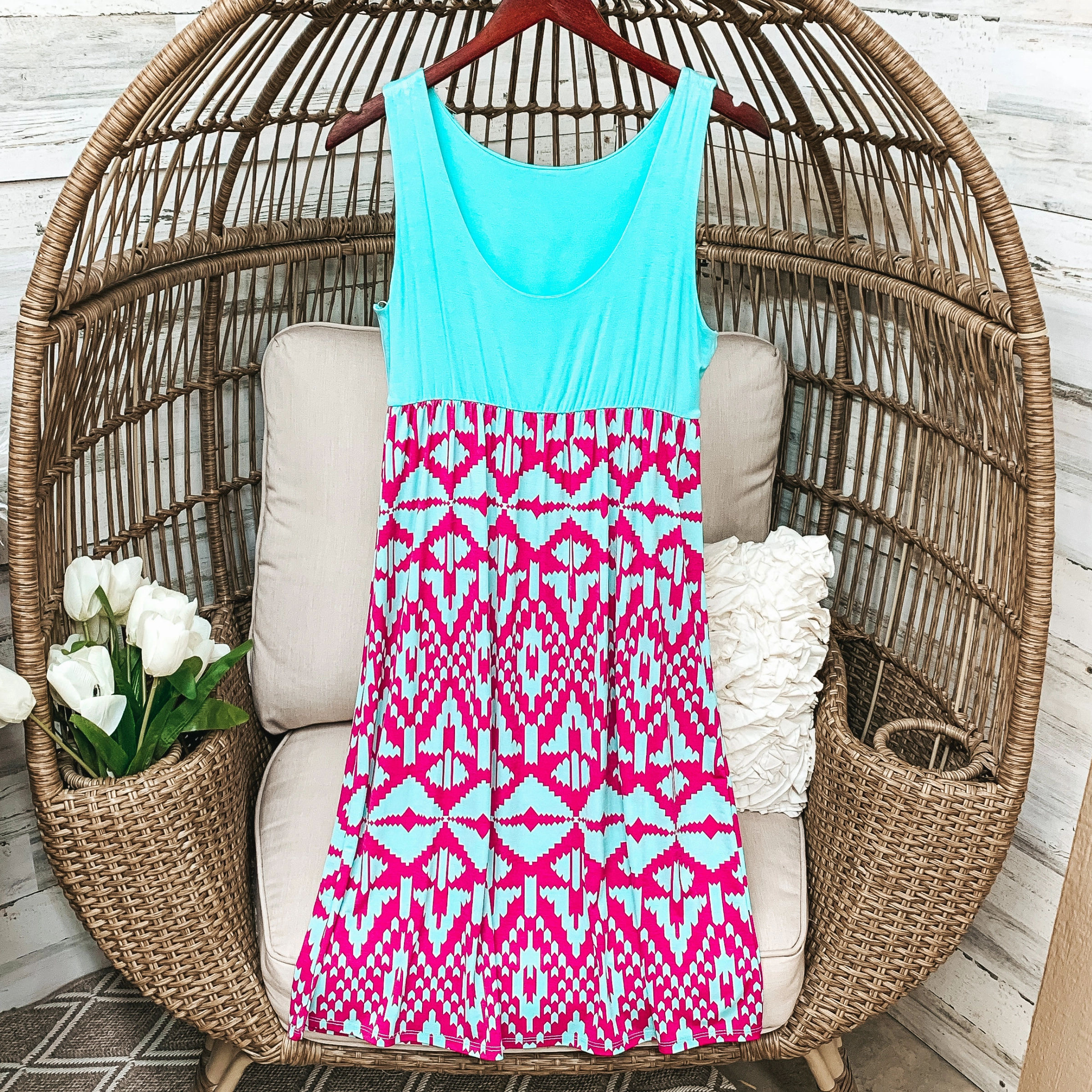 Cotton Glow Storm Core Last Chance Size XL | Aqua Tank Top Mid Length Dress with Fuchsia Aztec Pattern