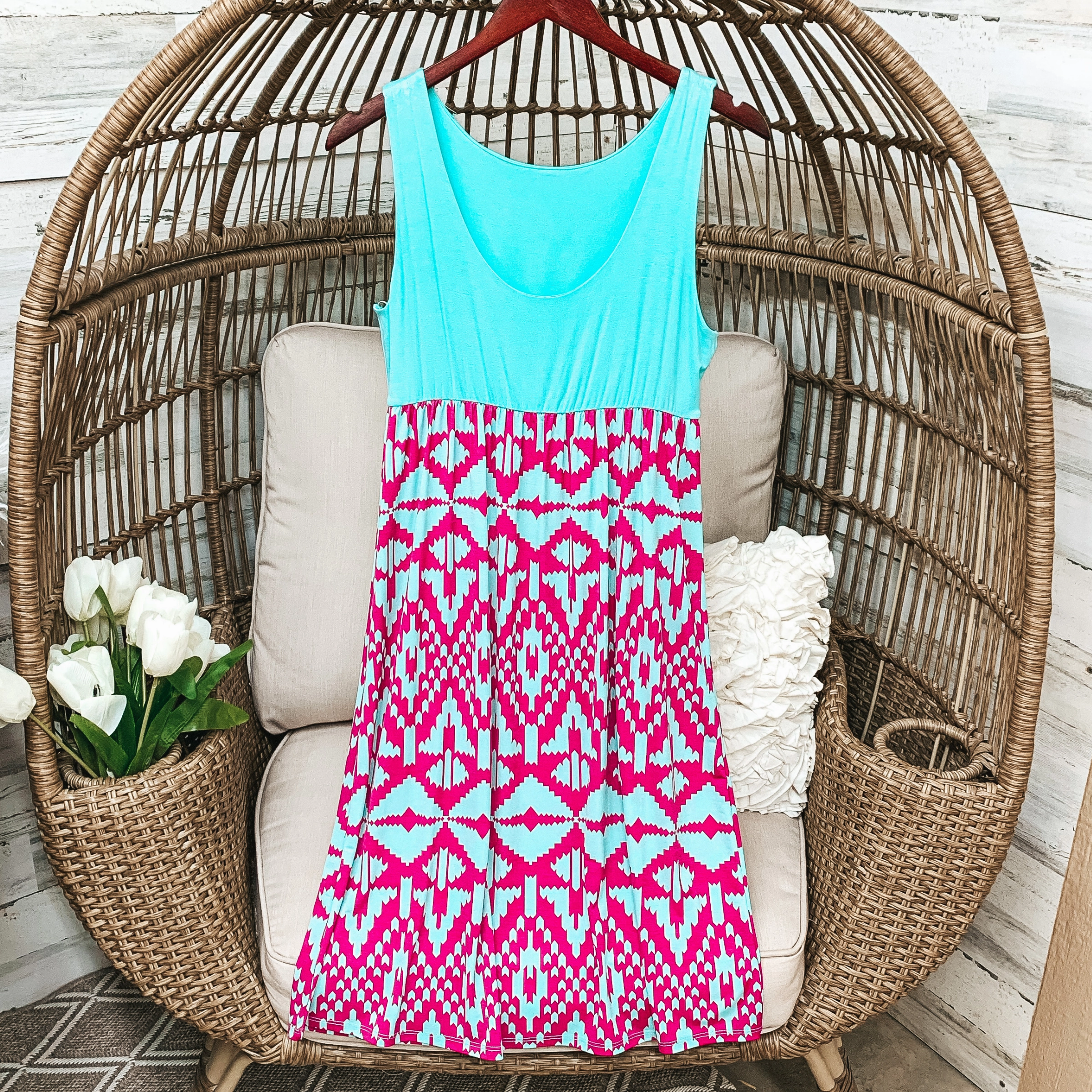 Last Chance Size XL | Aqua Tank Top Mid Length Dress with Fuchsia Aztec Pattern Linen Soul