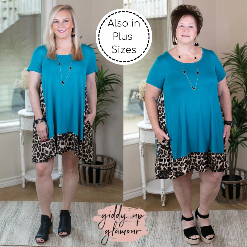 Village Charm It's My Way Solid Dress with Leopard Print Trim in Turquoise