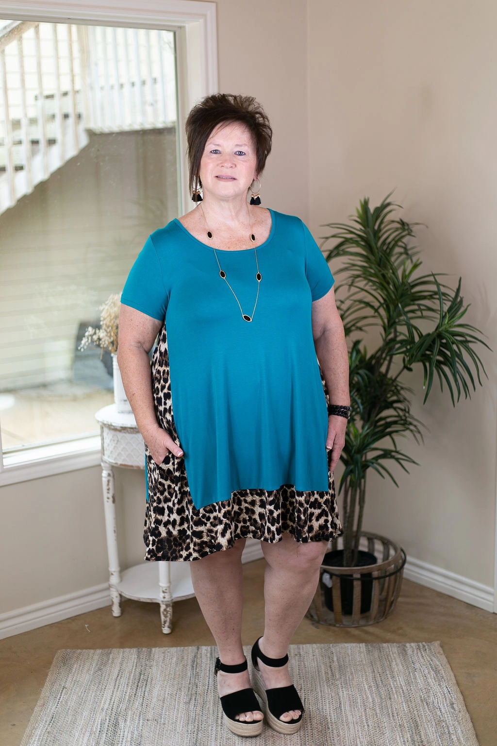 It's My Way Solid Dress with Leopard Print Trim in Turquoise Princess Glow Story Mood