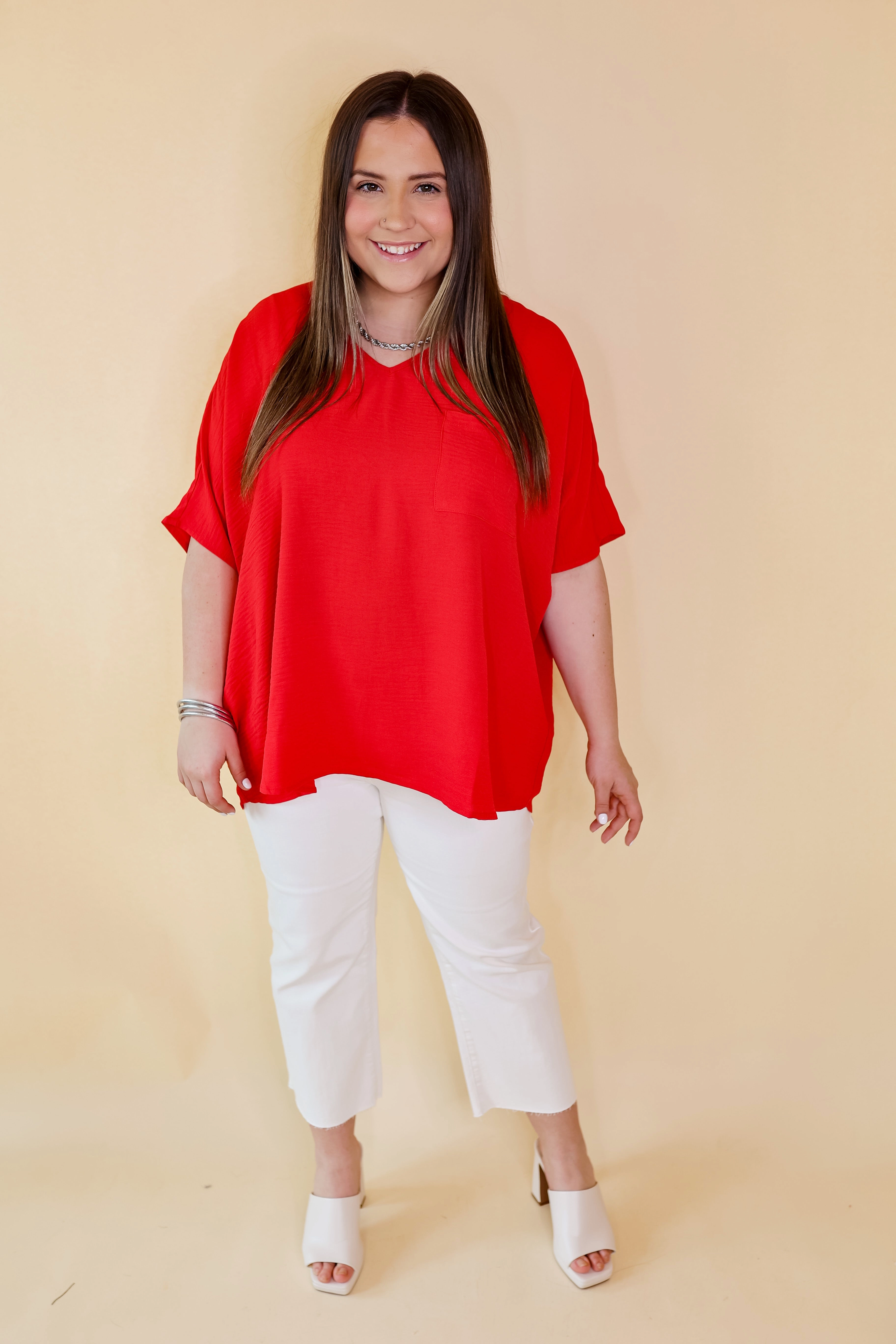 Star Mood Silk Glow Plus Sizes | Try To Resist Short Sleeve V Neck Top with Front Pocket in Red