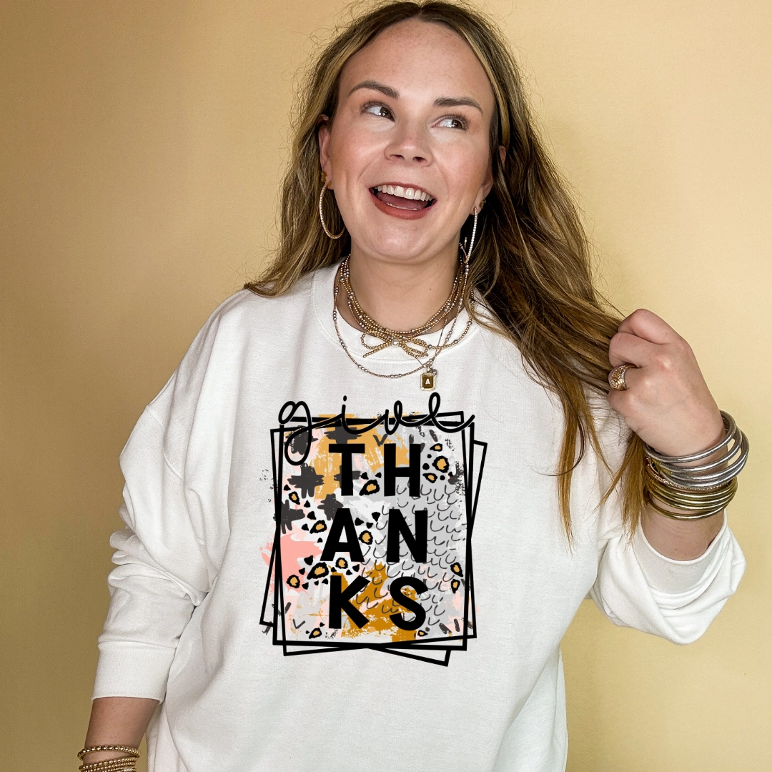 Online Exclusive | Give Thanks Abstract Animal Print Graphic Sweatshirt in Multiple Color Options Stone Wash Process