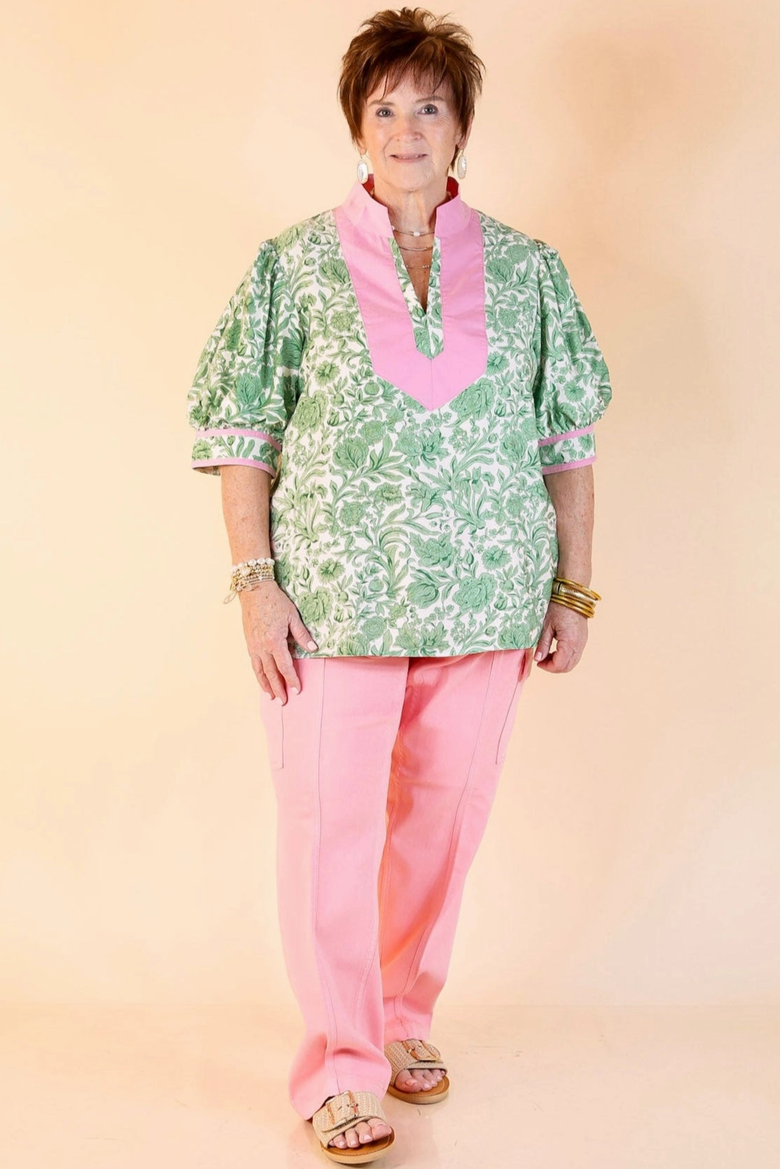 Blush and Bloom Floral Print Top with Short Puff Sleeves in Green High Density Weave