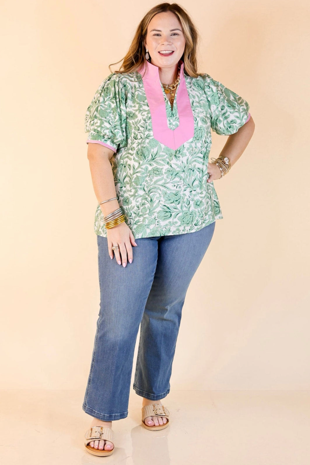 Durable Material Blush and Bloom Floral Print Top with Short Puff Sleeves in Green