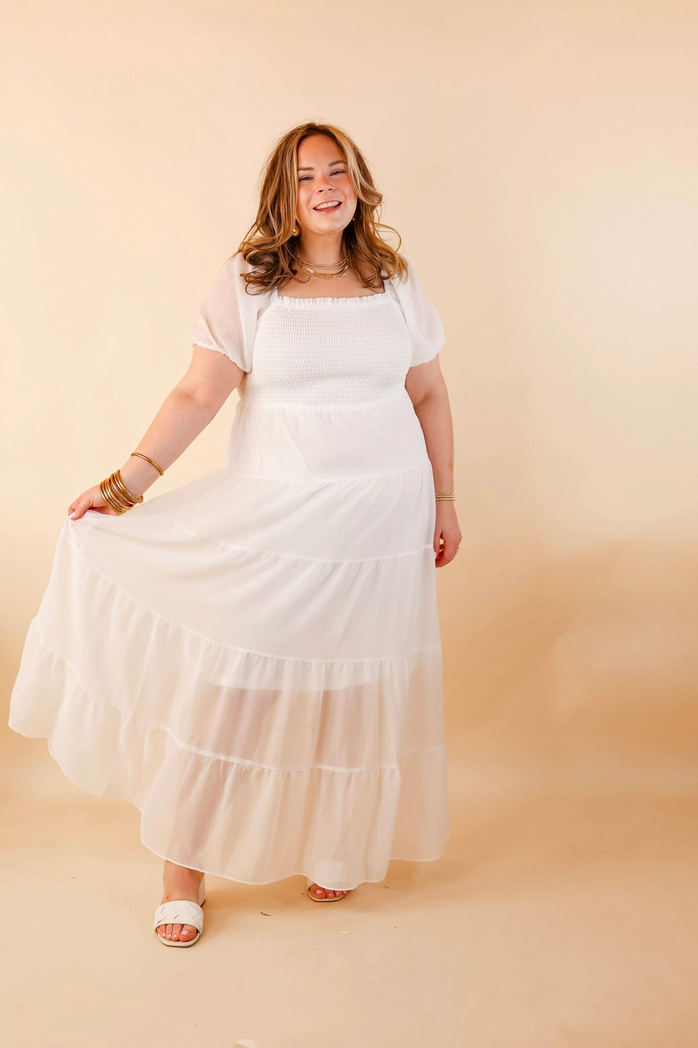 Honeysuckle Love Tiered Maxi Dress with Smocked Bodice in Ivory RollUp Sleeves Fashion Trend
