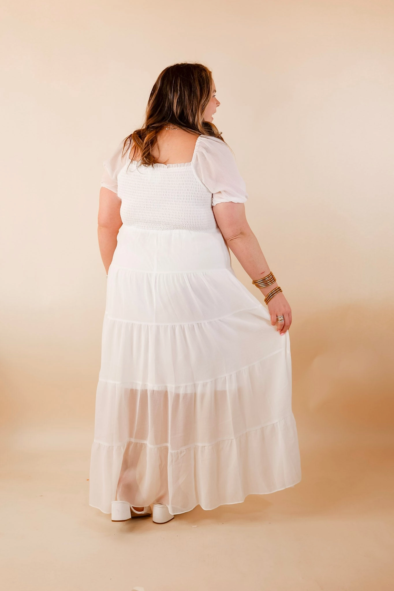 Honeysuckle Love Tiered Maxi Dress with Smocked Bodice in Ivory EcoDye Process