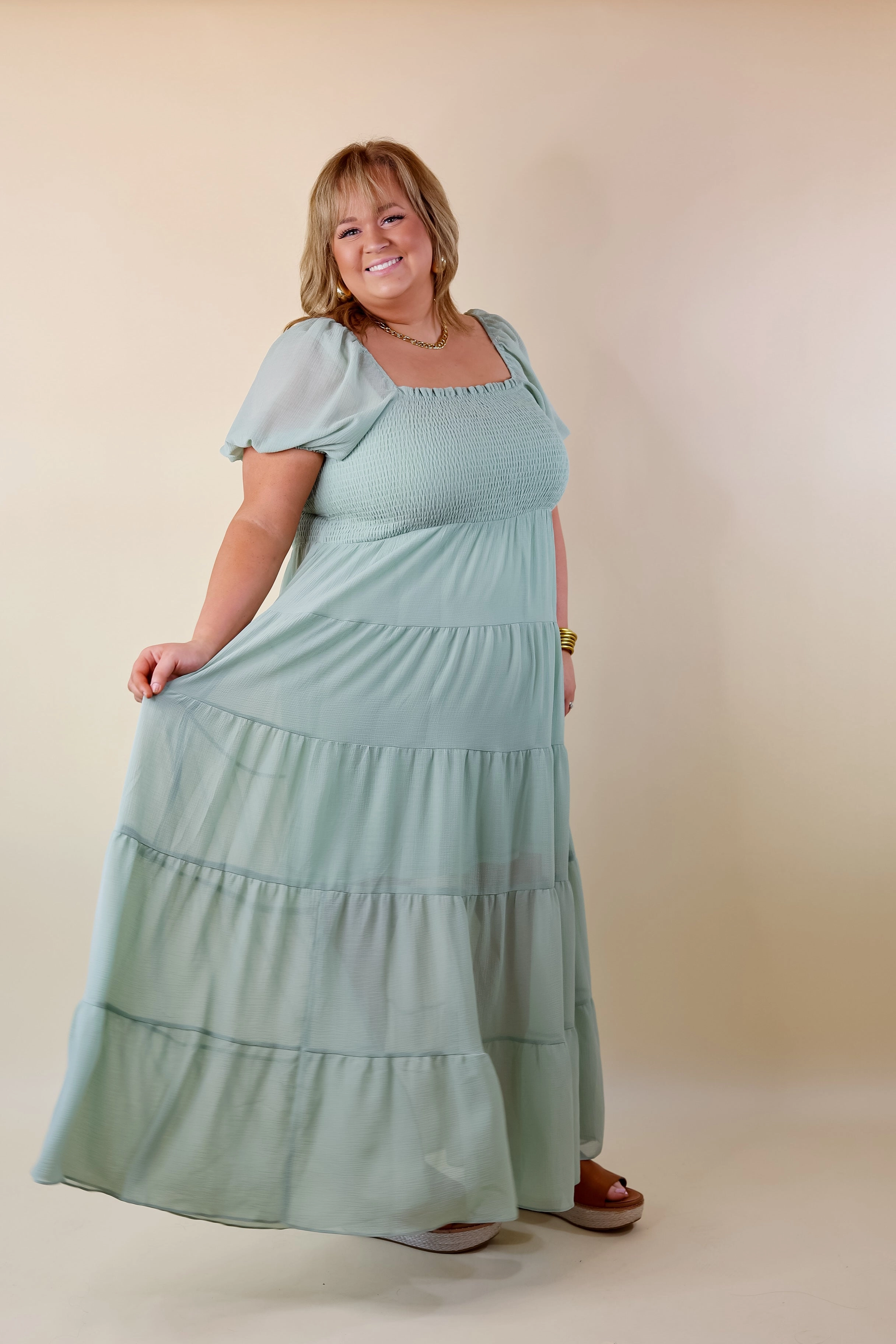 Honeysuckle Love Tiered Maxi Dress with Smocked Bodice in Sage Green SmoothEdgeTrim StaticFree Material