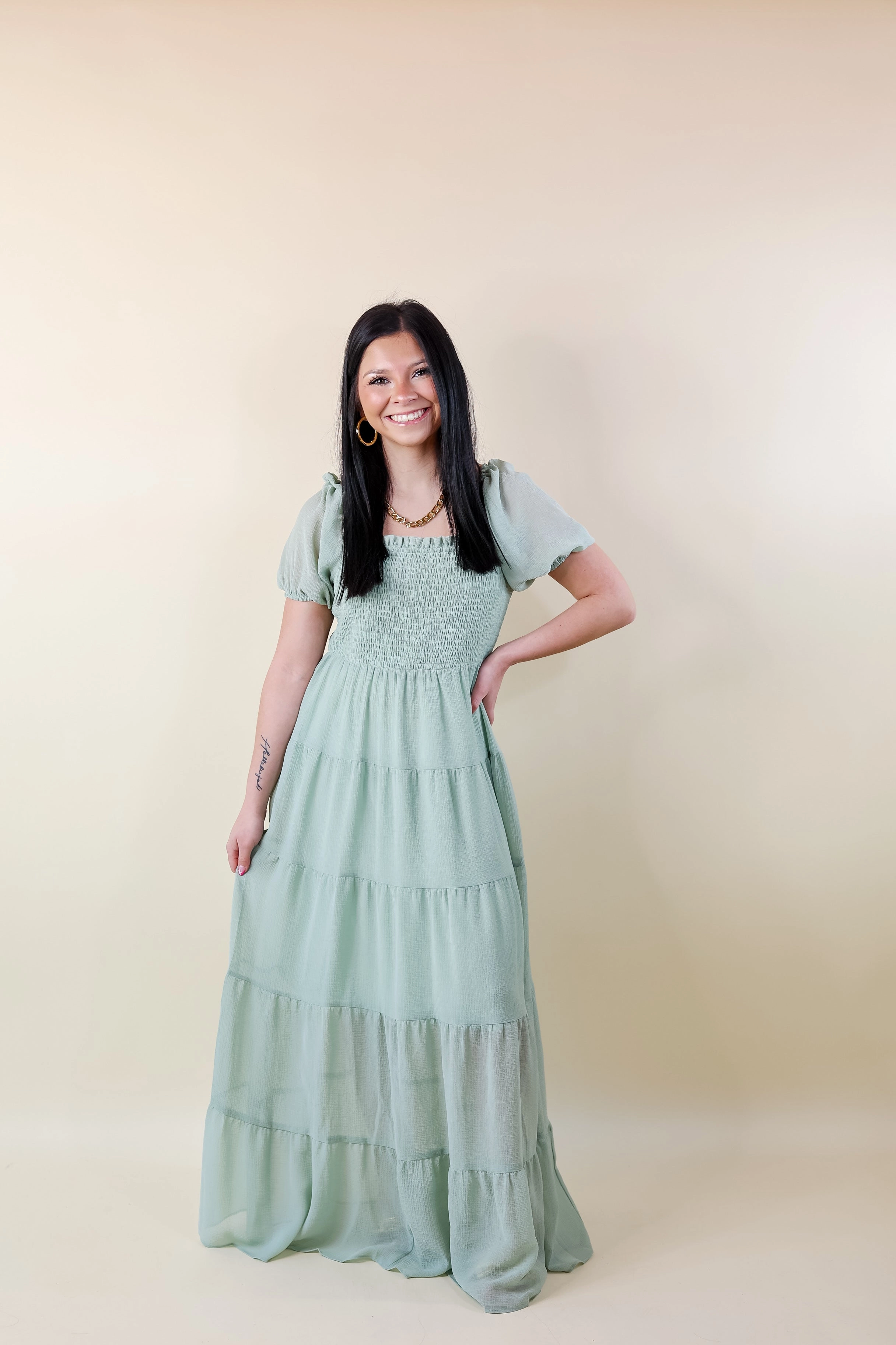 QuickDryTech Rustic Ease Honeysuckle Love Tiered Maxi Dress with Smocked Bodice in Sage Green
