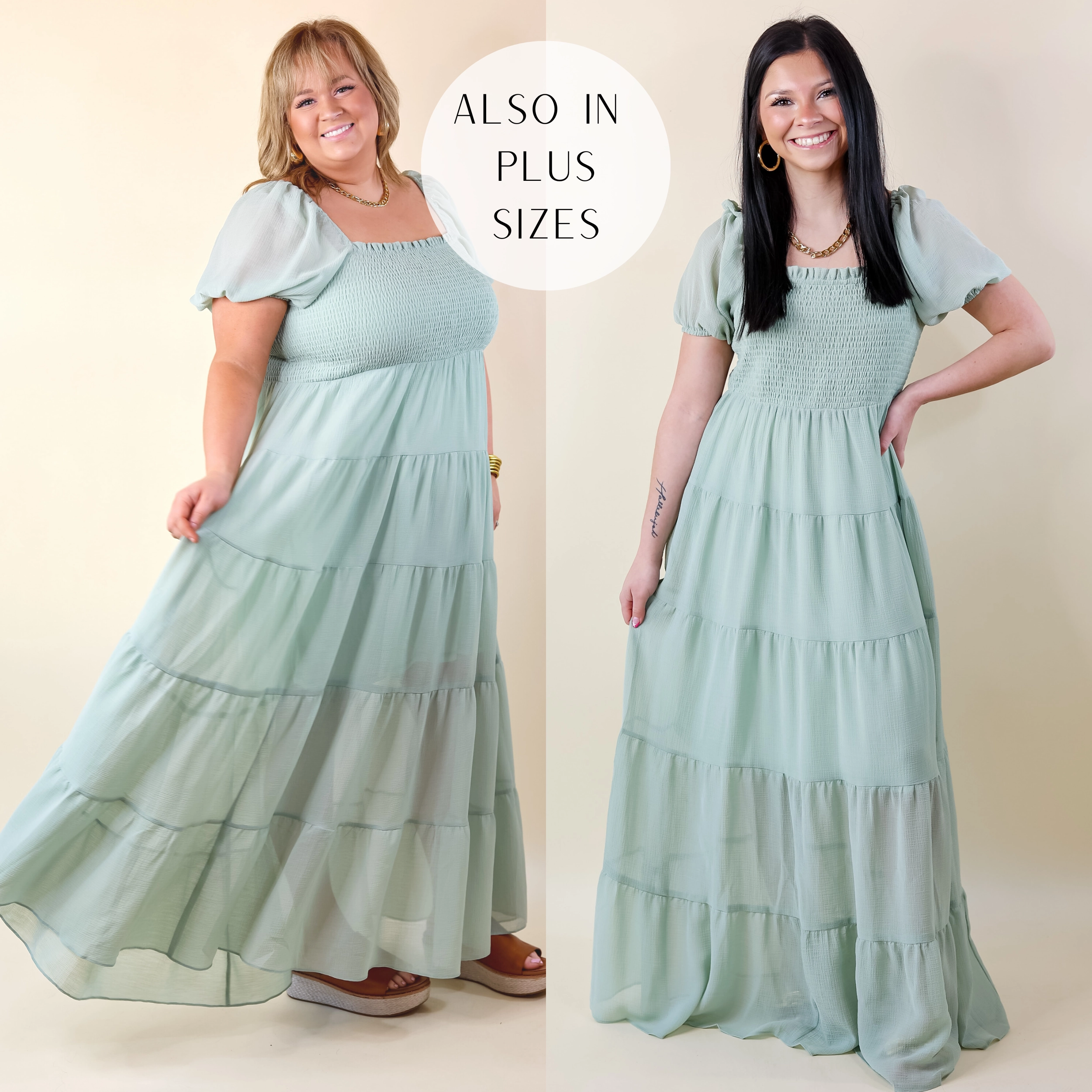 StaticFree Lining Chic Edge Honeysuckle Love Tiered Maxi Dress with Smocked Bodice in Sage Green