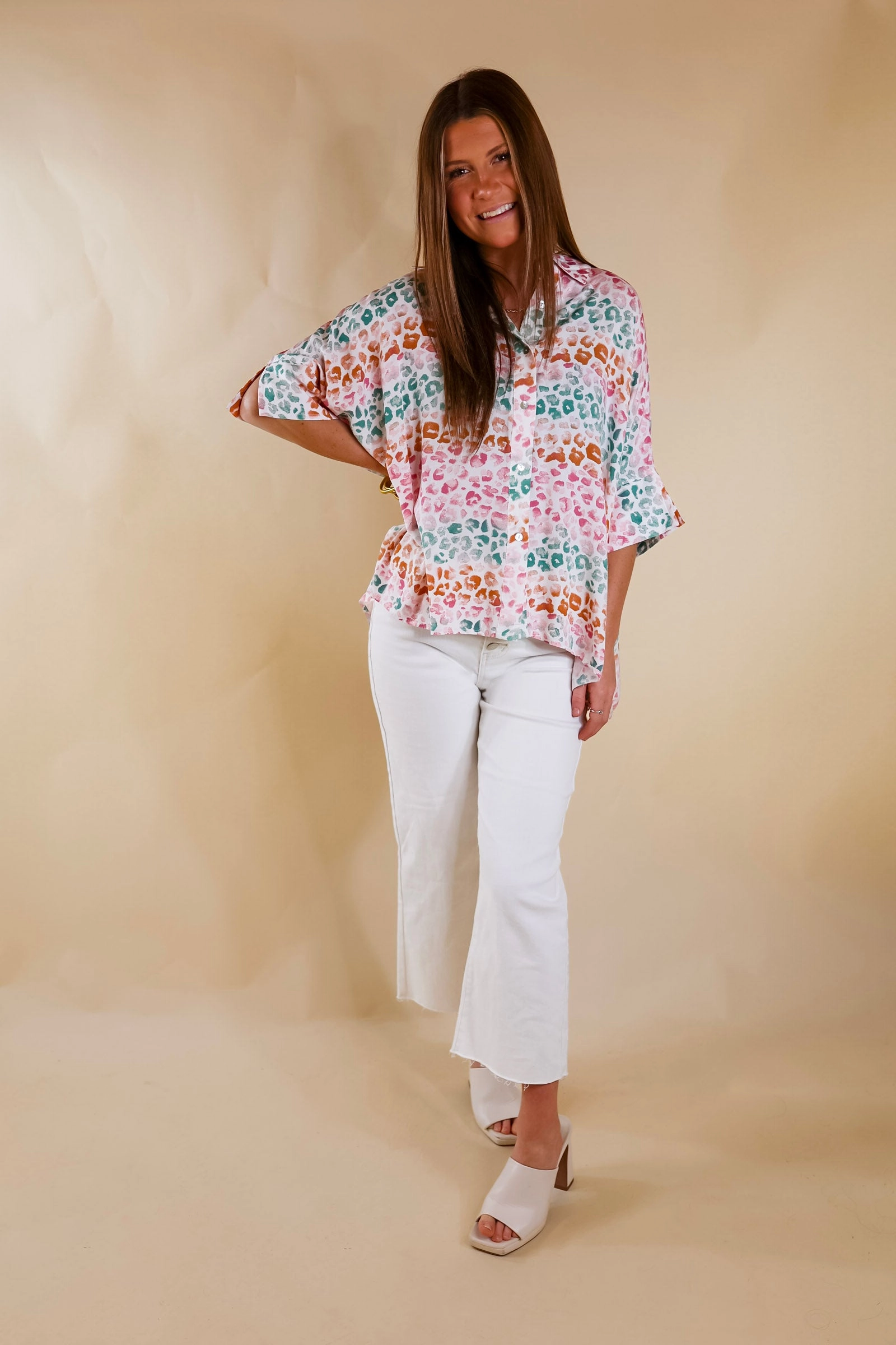 Hotter Than Ever Leopard Print Button Up Top with Short Sleeves in Pink Mix ThermalRegulating Fabric Warm Pullover