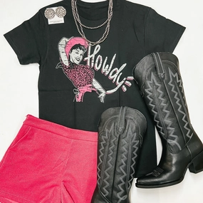 Howdy Hot Pink Cowgirl Short Sleeve Graphic Tee in Black clean design