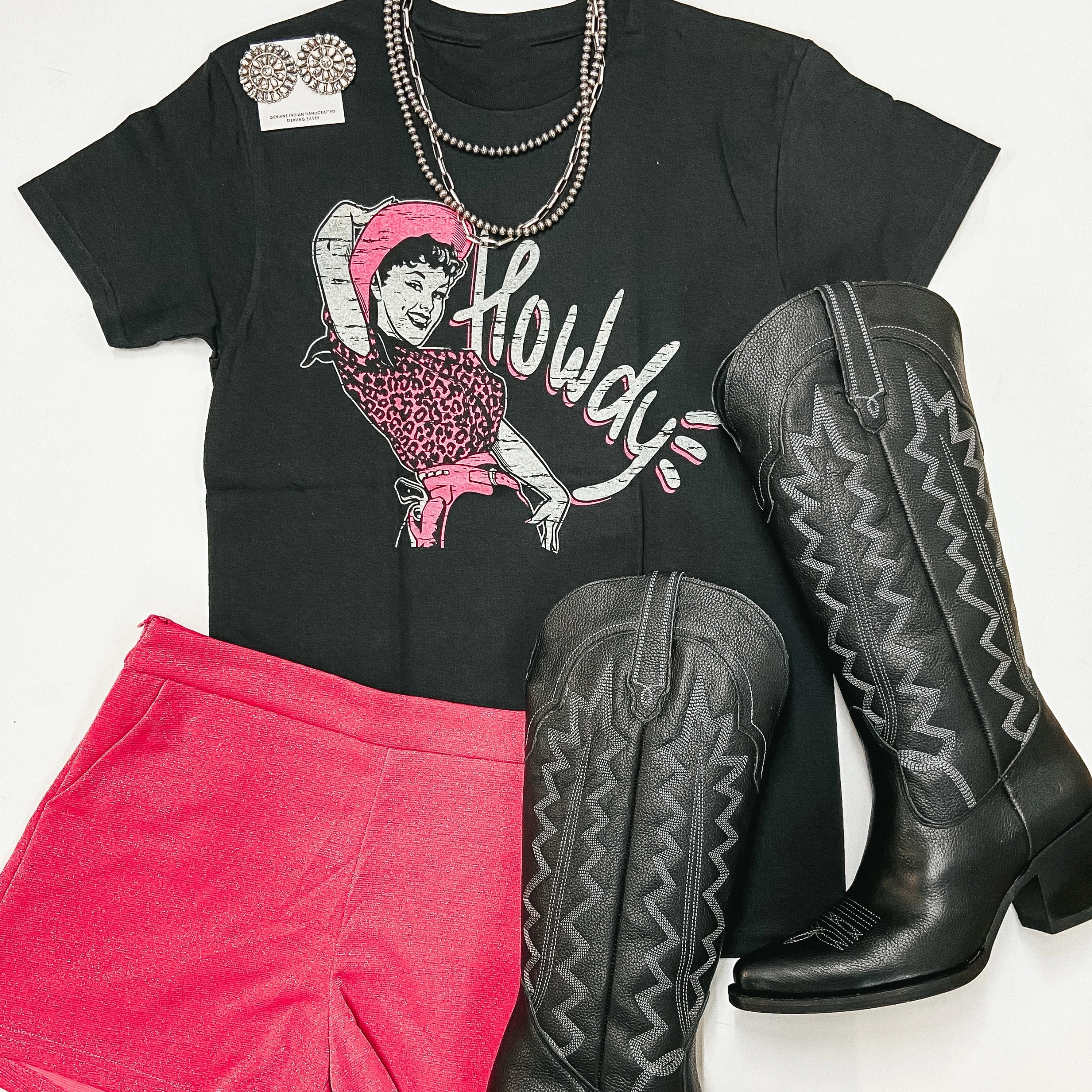 Crystal Soul Howdy Hot Pink Cowgirl Short Sleeve Graphic Tee in Black