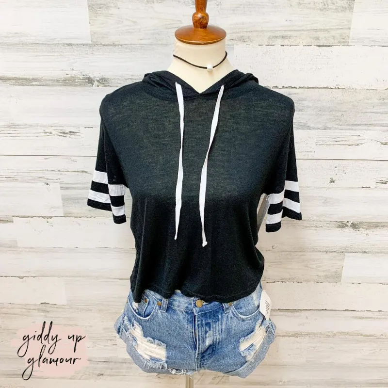 Last Chance Size Small | Give It a Rest Short Sleeve Hoodie Crop top in Black Layered Hemline Everyday Comfort Fit