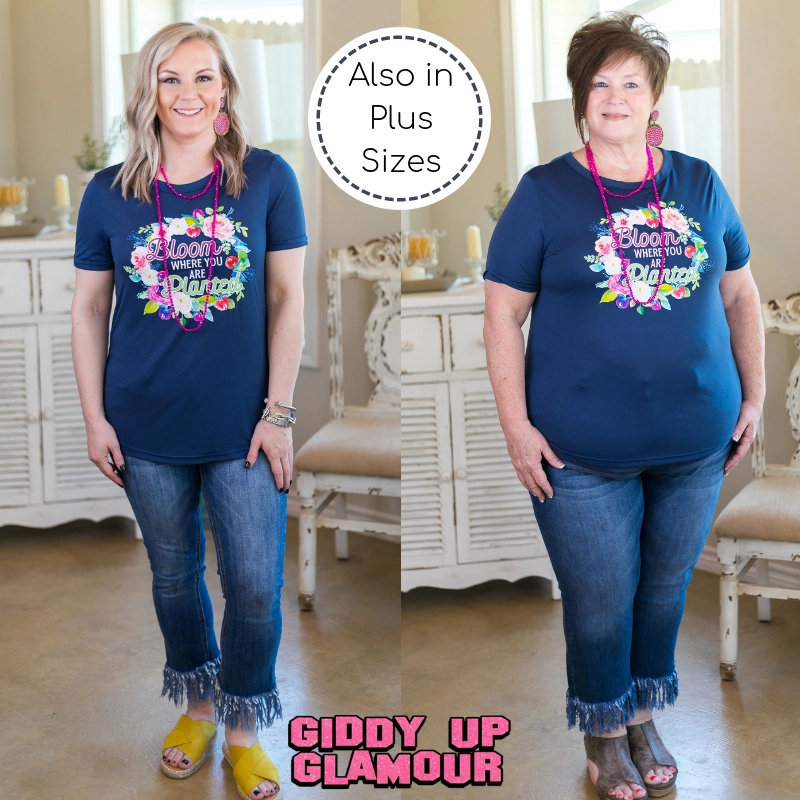 Bloom Where You Are Planted Cuffed Short Sleeve Tee in Navy Blue Geometric Print AllSeasonWear