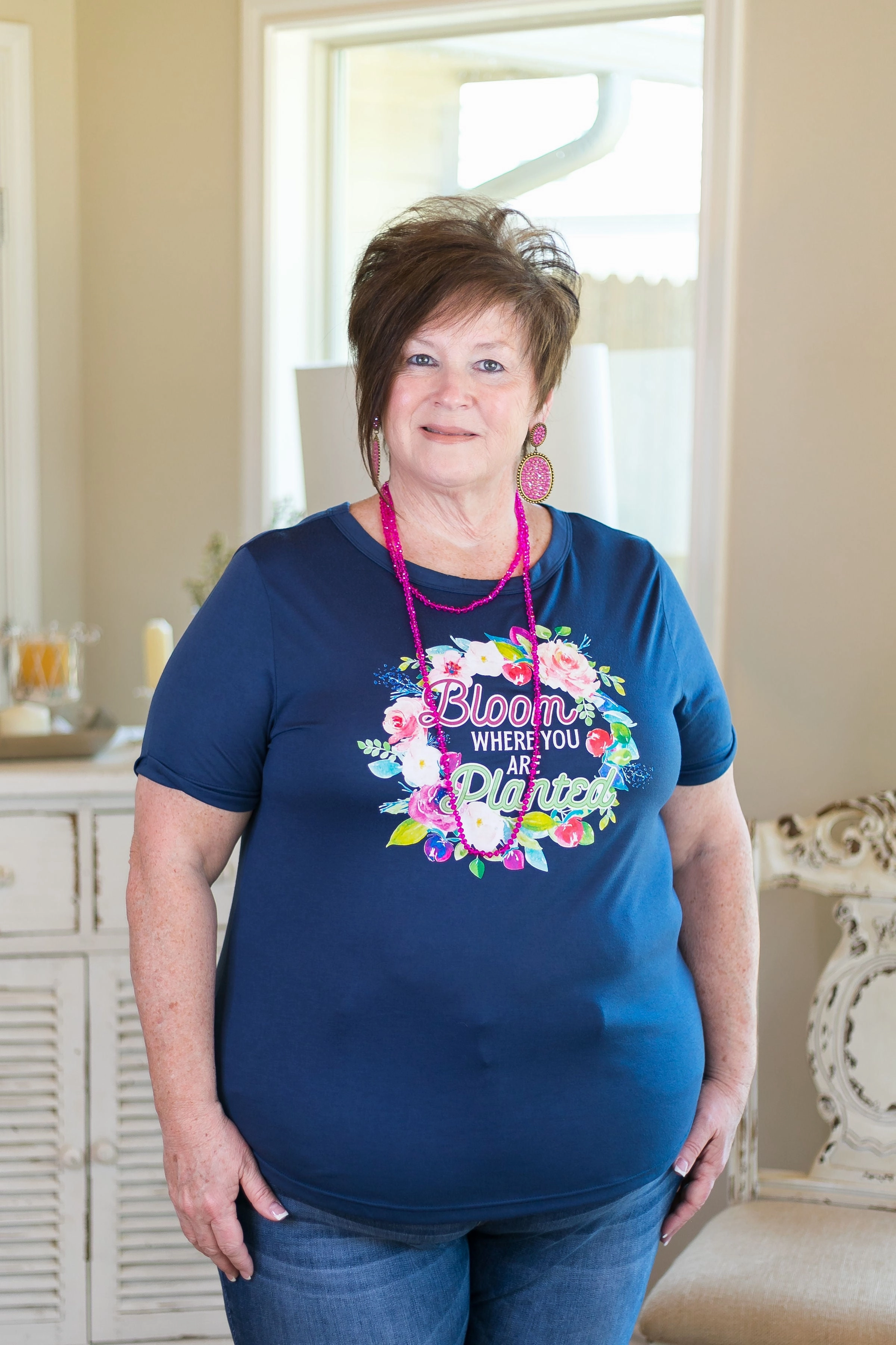 Bloom Where You Are Planted Cuffed Short Sleeve Tee in Navy Blue Ruffled edges Luxury clothing