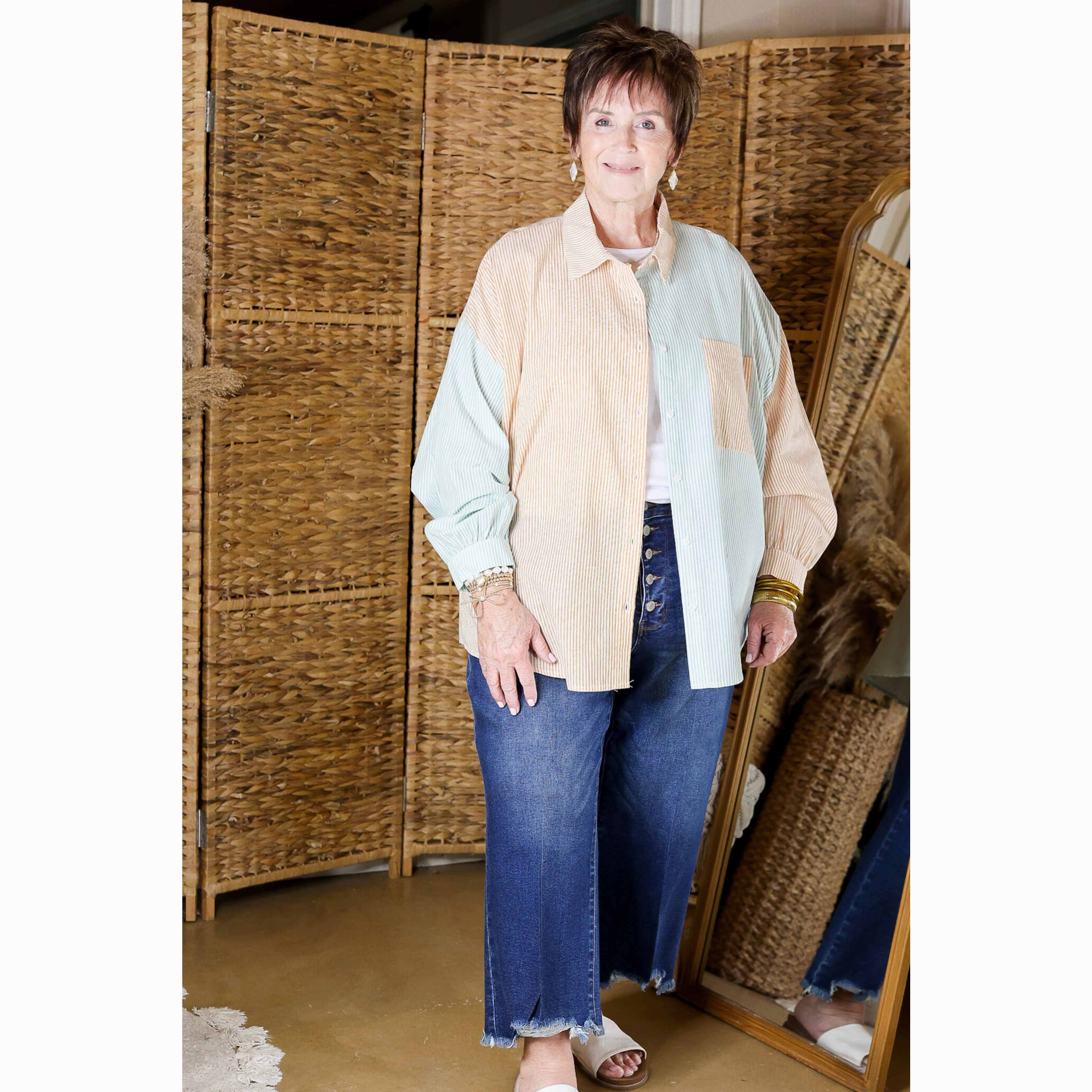 Year-Round Favorite Fashion Statement Simply Polished Pin Stripe Long Sleeve Button Up Top in Sage Green and Mustard Yellow