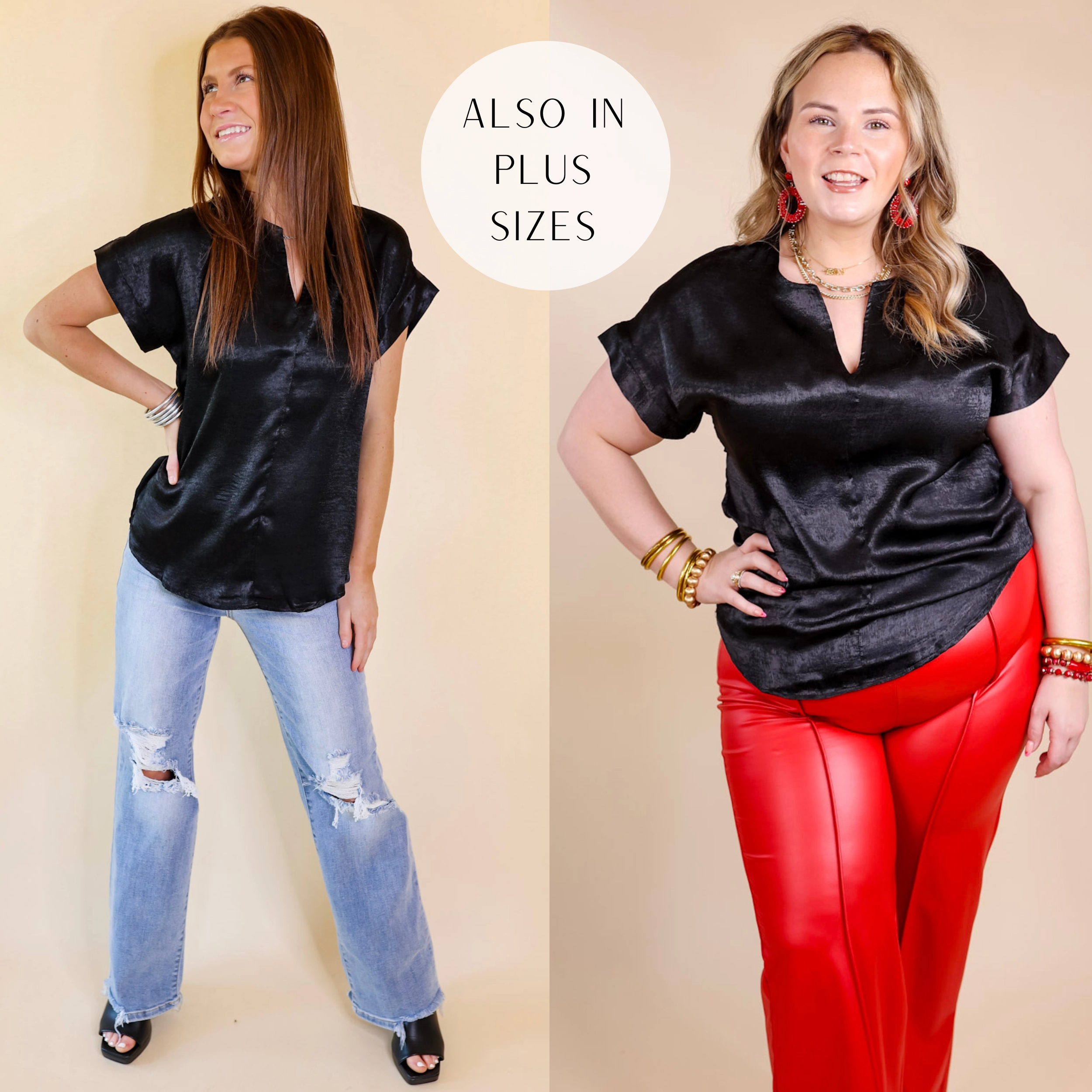 Channeling Confidence Notch Neck Short Sleeve Top in Black AntiStatic Lining Farm Glow