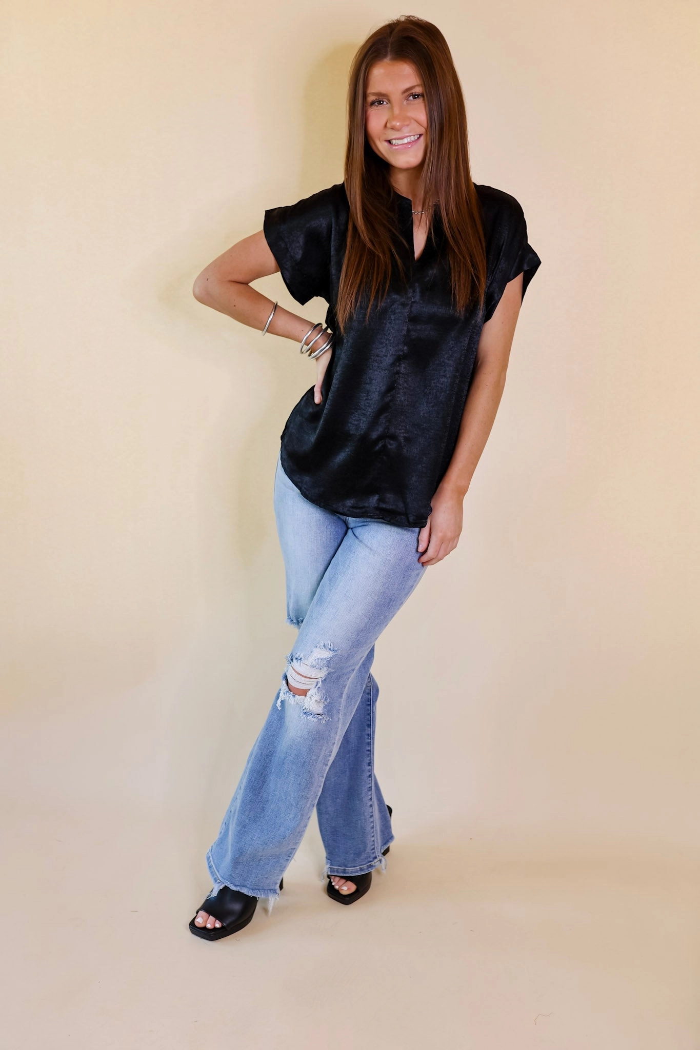 Cozy Jacket Channeling Confidence Notch Neck Short Sleeve Top in Black