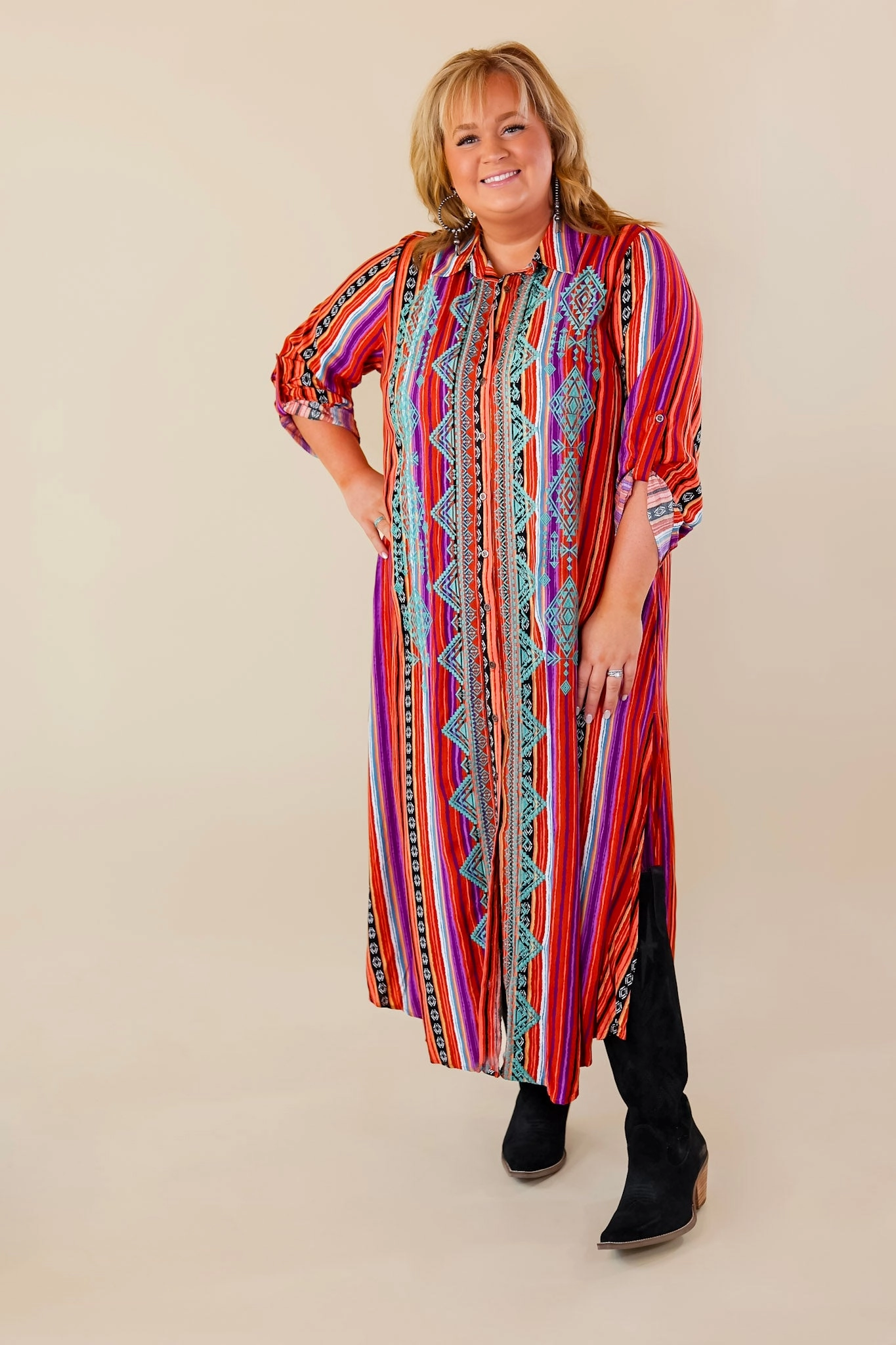 Team Vibe I'm All That Long Serape Button Up Dress with Aztec Print Embroidery