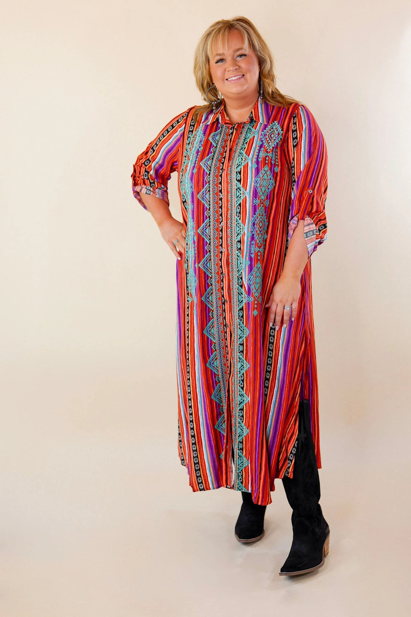 I'm All That Long Serape Button Up Dress with Aztec Print Embroidery Summer Skirt TactileStitching