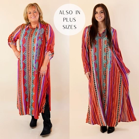 PrecisionTailoring I'm All That Long Serape Button Up Dress with Aztec Print Embroidery