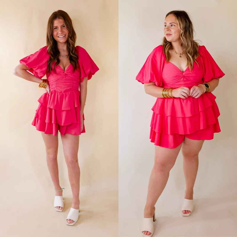 I Want It All Tiered Romper With Puffed Sleeves In Fuchsia Pink UltraFineMesh Weighted Hem