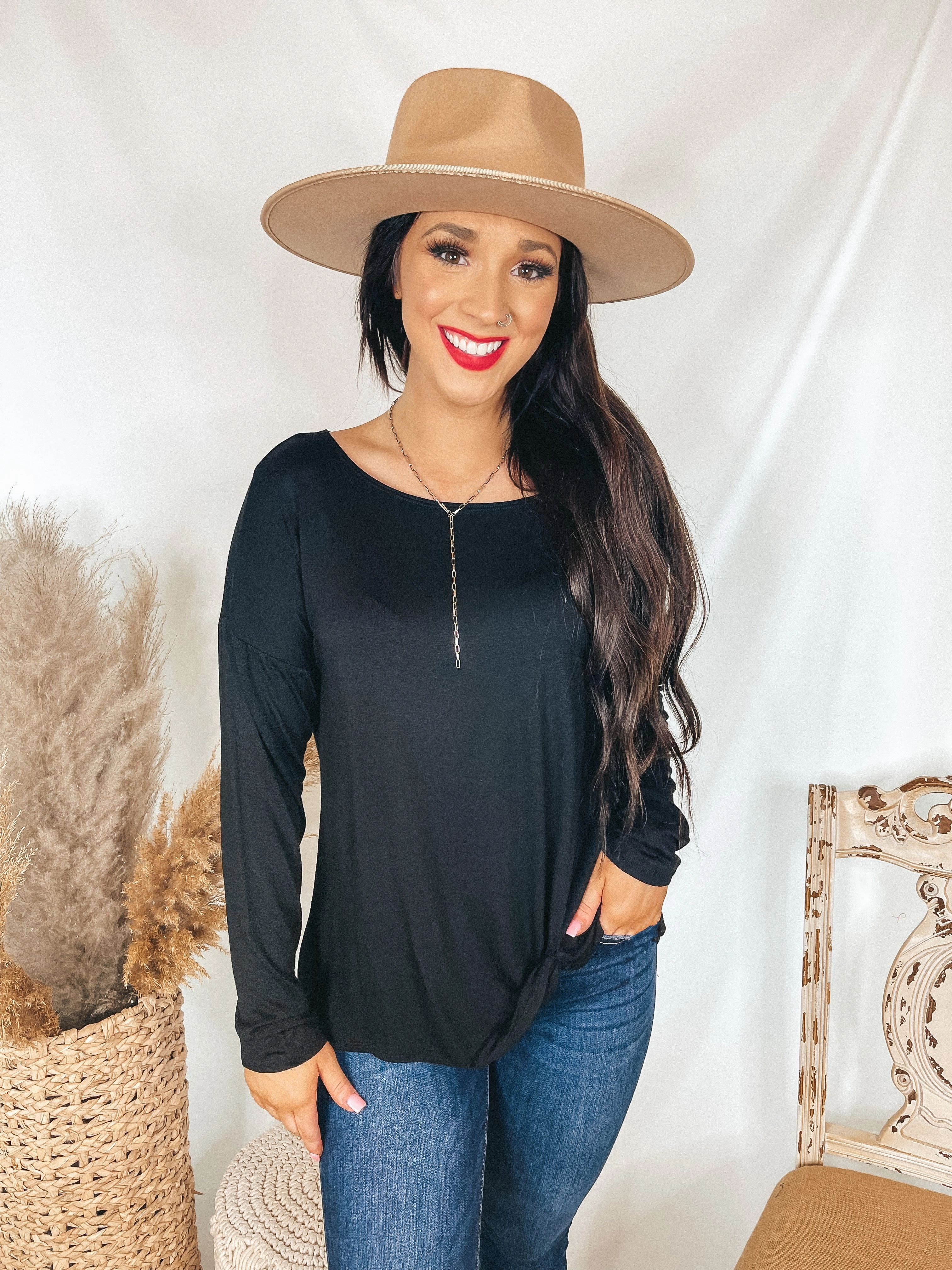 AntiPilling Finish Iced Coffee Crush Long Sleeve Top with Front Knot in Black
