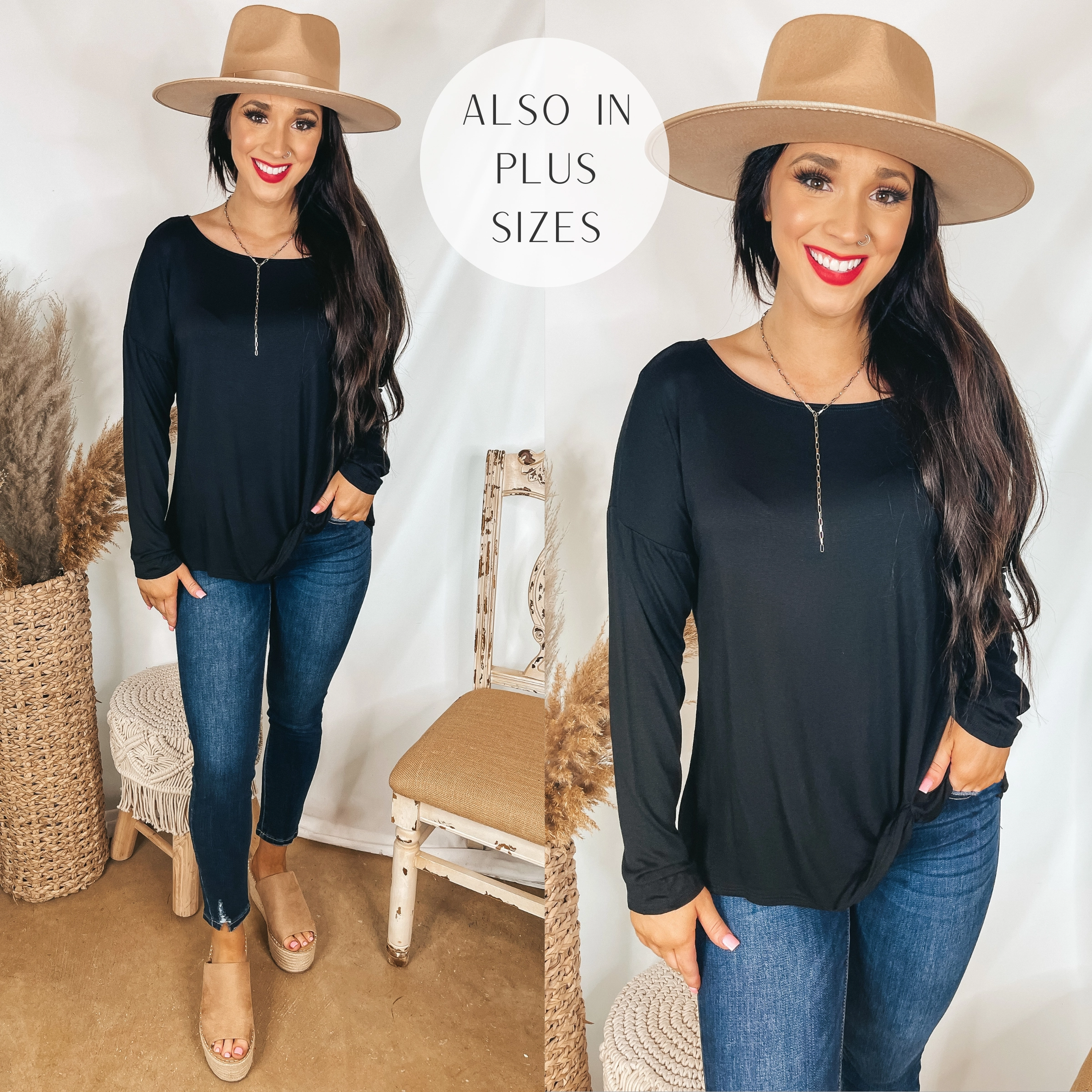 Iced Coffee Crush Long Sleeve Top with Front Knot in Black SmoothZipper SeamlessConstruction