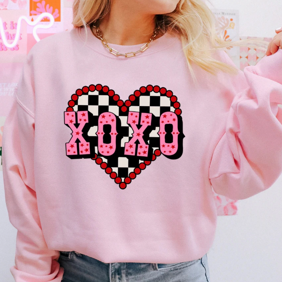 Versatile Comfort Wear Wicking Interlock Knit Online Exclusive | XOXO Heart on Checkered Background Graphic Sweatshirt in Pink