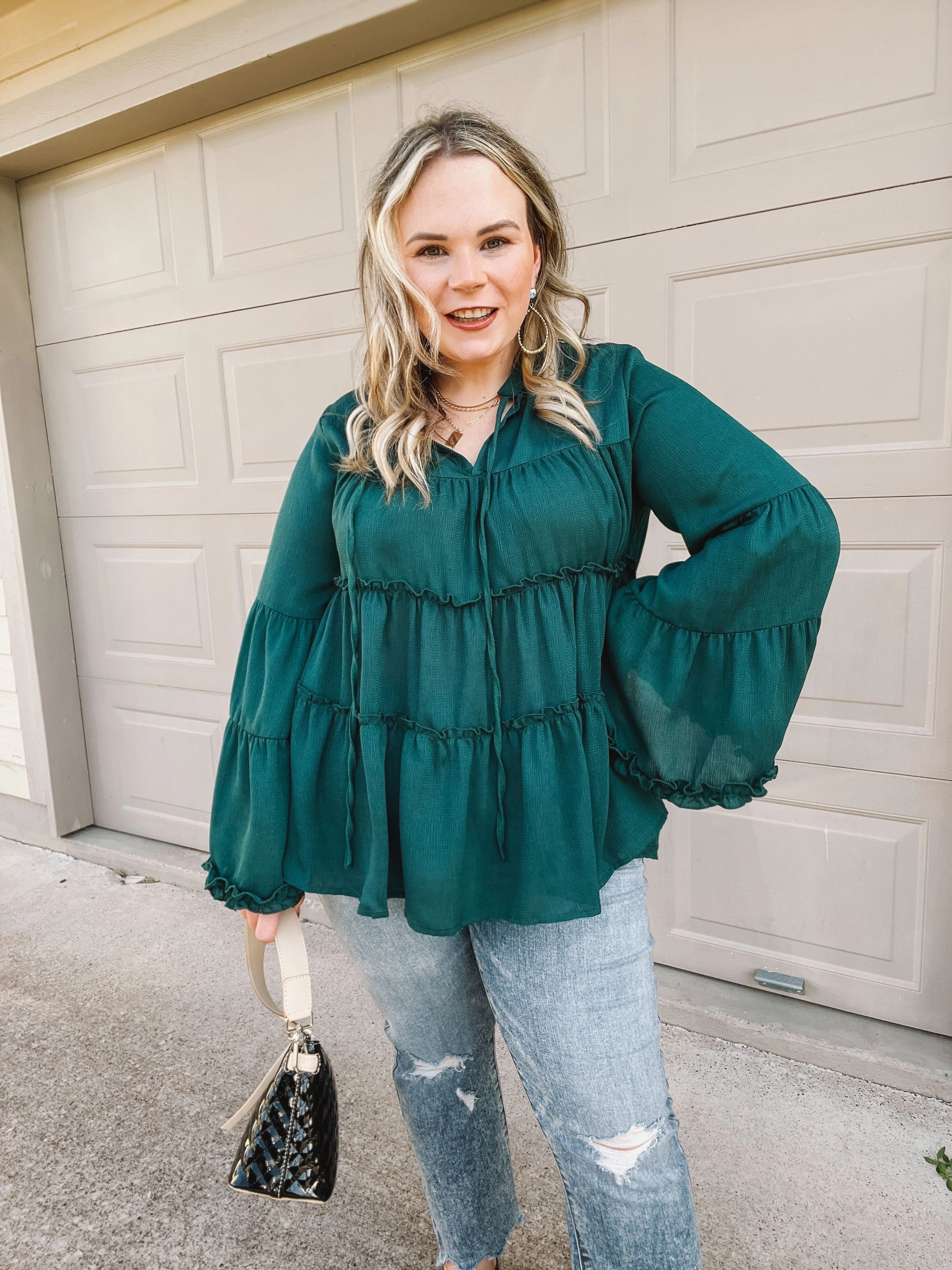 Tagless Labeling Flexible Material Impressive Touch Striped Bell Sleeve Tiered Blouse in Emerald Green