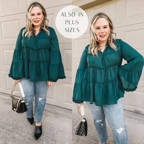 Impressive Touch Striped Bell Sleeve Tiered Blouse in Emerald Green ElasticCuffDesign