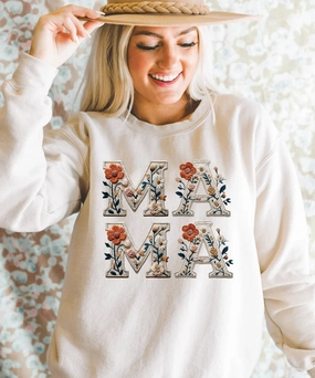 Breathable Comfort Wear Chafe Free Armhole Online Exclusive | MAMA Floral Faux Embroidered Graphic on Tee & Sweatshirt Option  - Cream