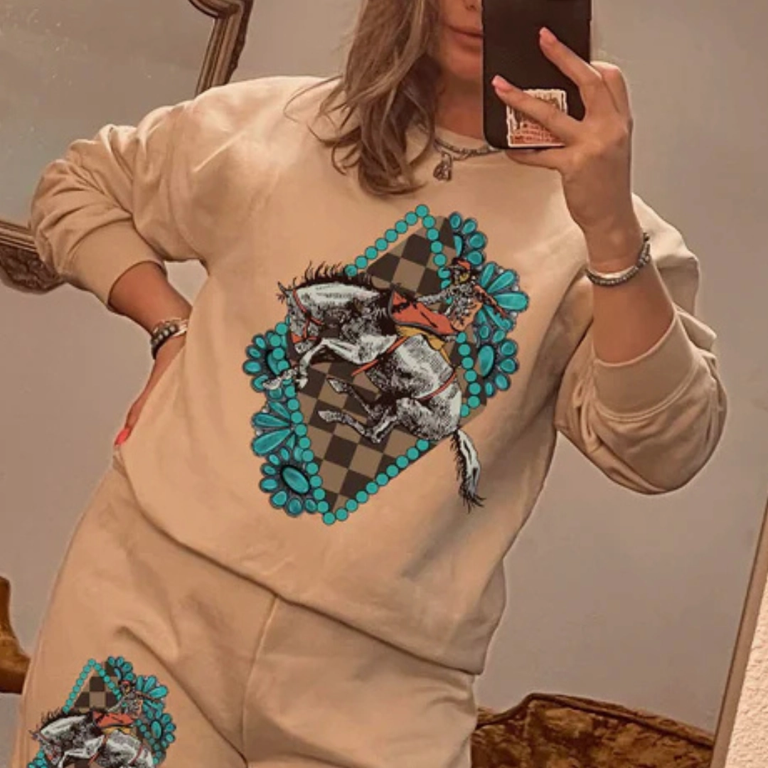 Online Exclusive | Cowboy Diamond Bucking Horse Graphic Sweatshirt in Beige Sand weekday wear