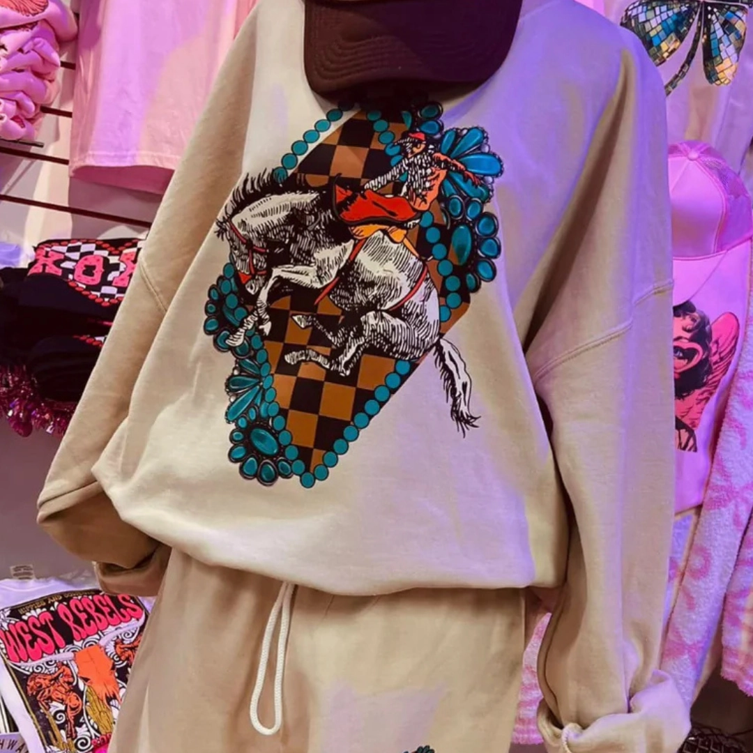 Trendy Casual Wear Street Casual Look Online Exclusive | Cowboy Diamond Bucking Horse Graphic Sweatshirt in Beige Sand