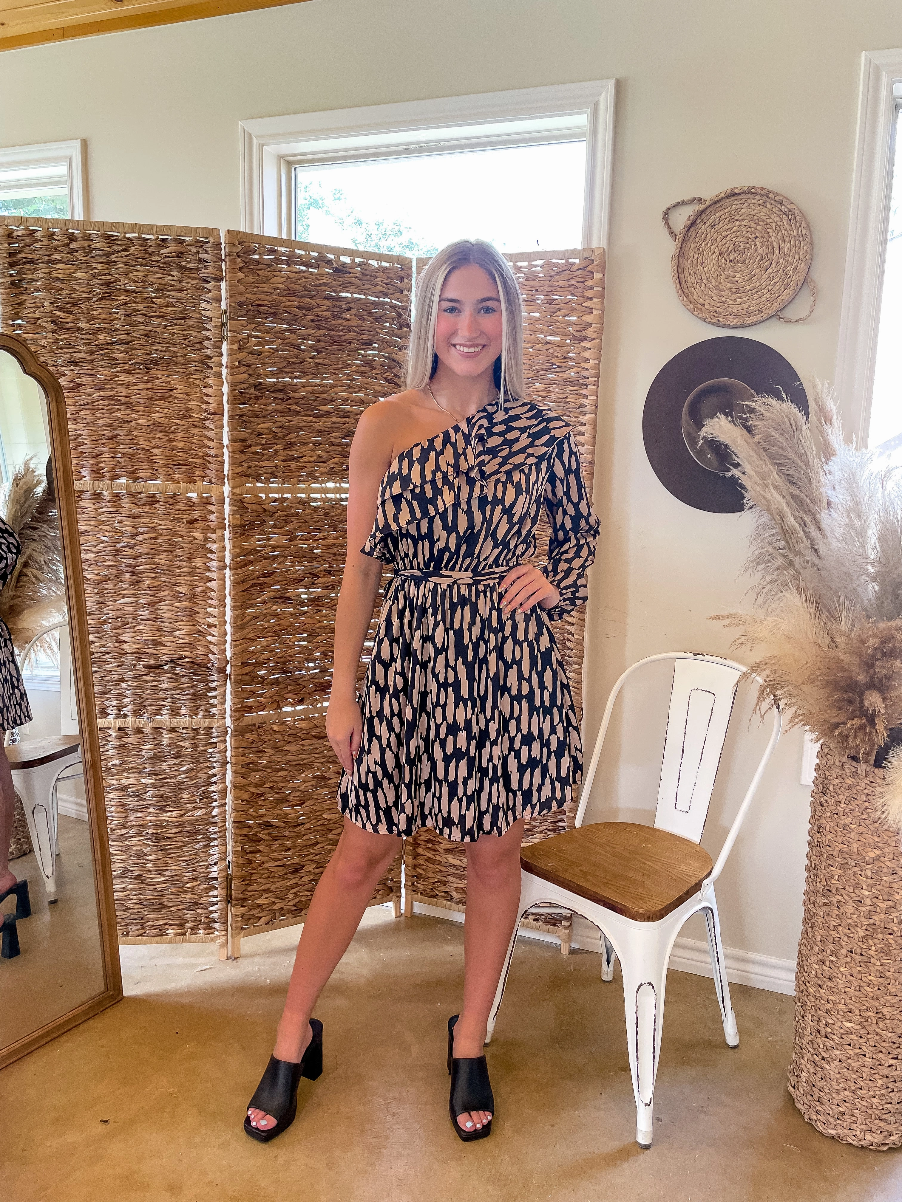 Still Glow PressureRelief Seams In First Place Animal Print One-Shoulder Dress in Black