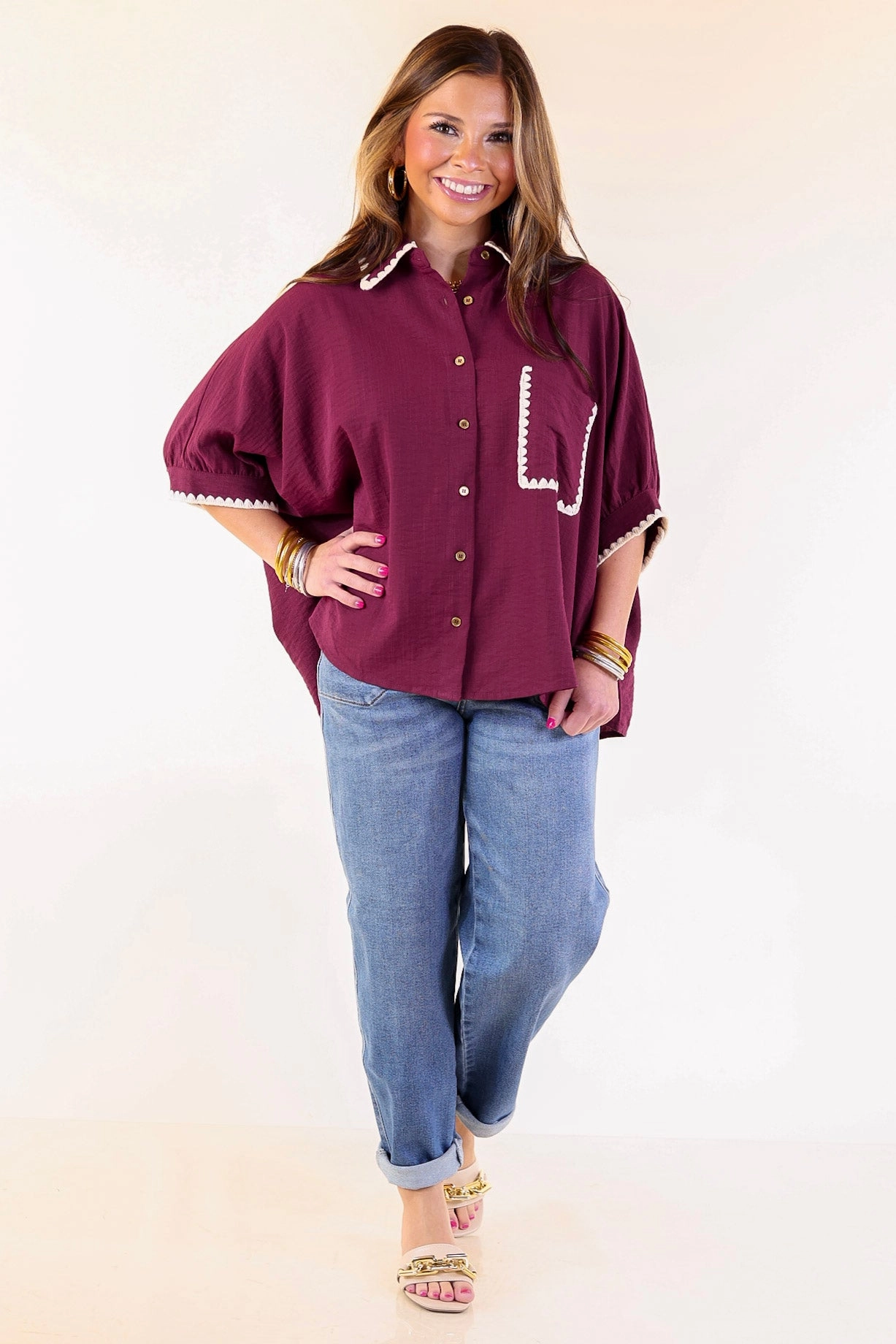In Good Company Button Up Top with Scalloped Trim Stitching in Maroon Structured Collar Loose Comfort