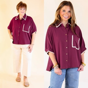 In Good Company Button Up Top with Scalloped Trim Stitching in Maroon Winter Fashion Smart Appearance