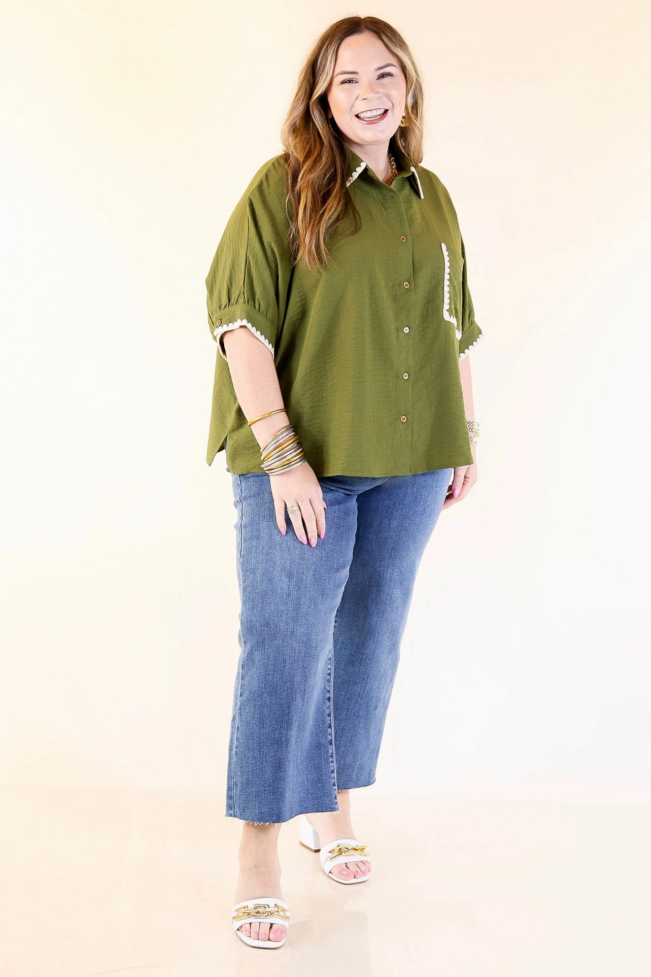 In Good Company Button Up Top with Scalloped Trim Stitching in Olive Green Thermal Regulation Fabric Vintage Style
