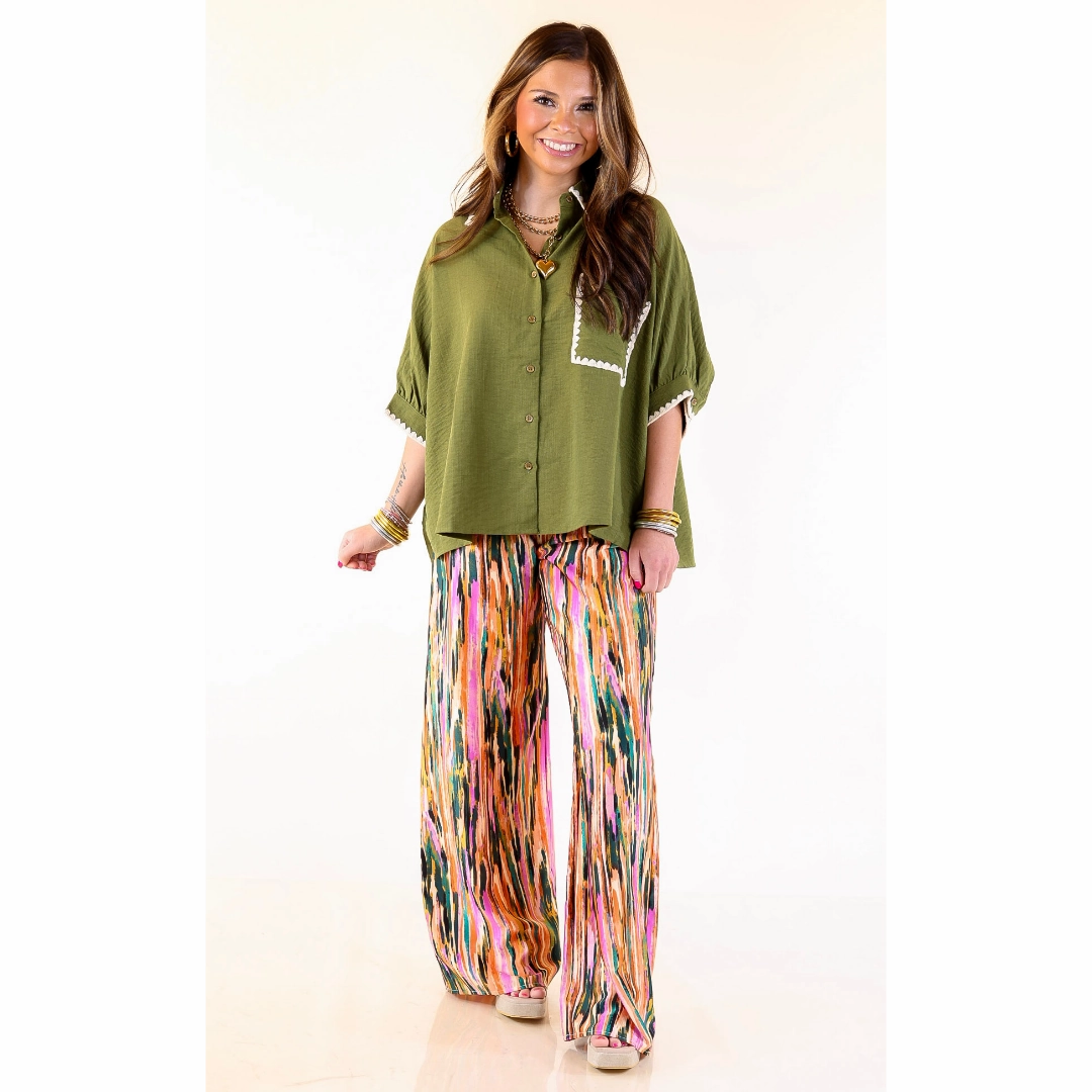 crew neck Twill Weave In Good Company Button Up Top with Scalloped Trim Stitching in Olive Green