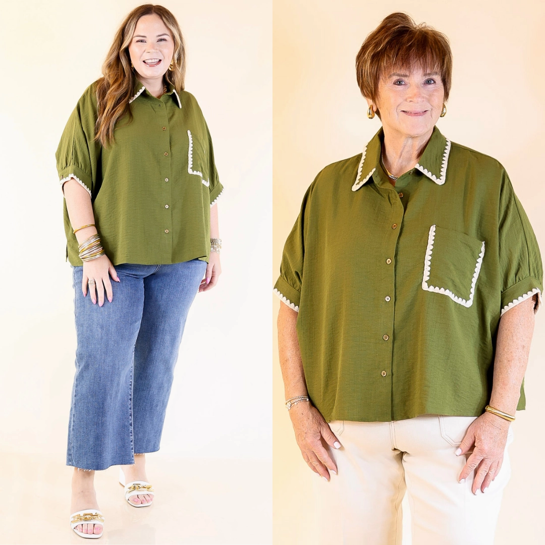 In Good Company Button Up Top with Scalloped Trim Stitching in Olive Green Smooth Finish