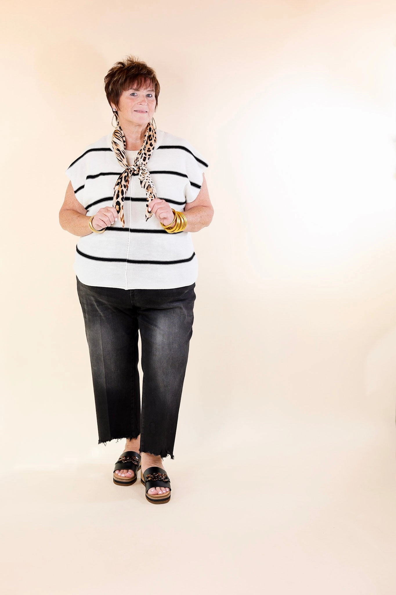 In Harmony Striped Sweater with Cap Sleeves in Ivory WrinkleResistantClothing