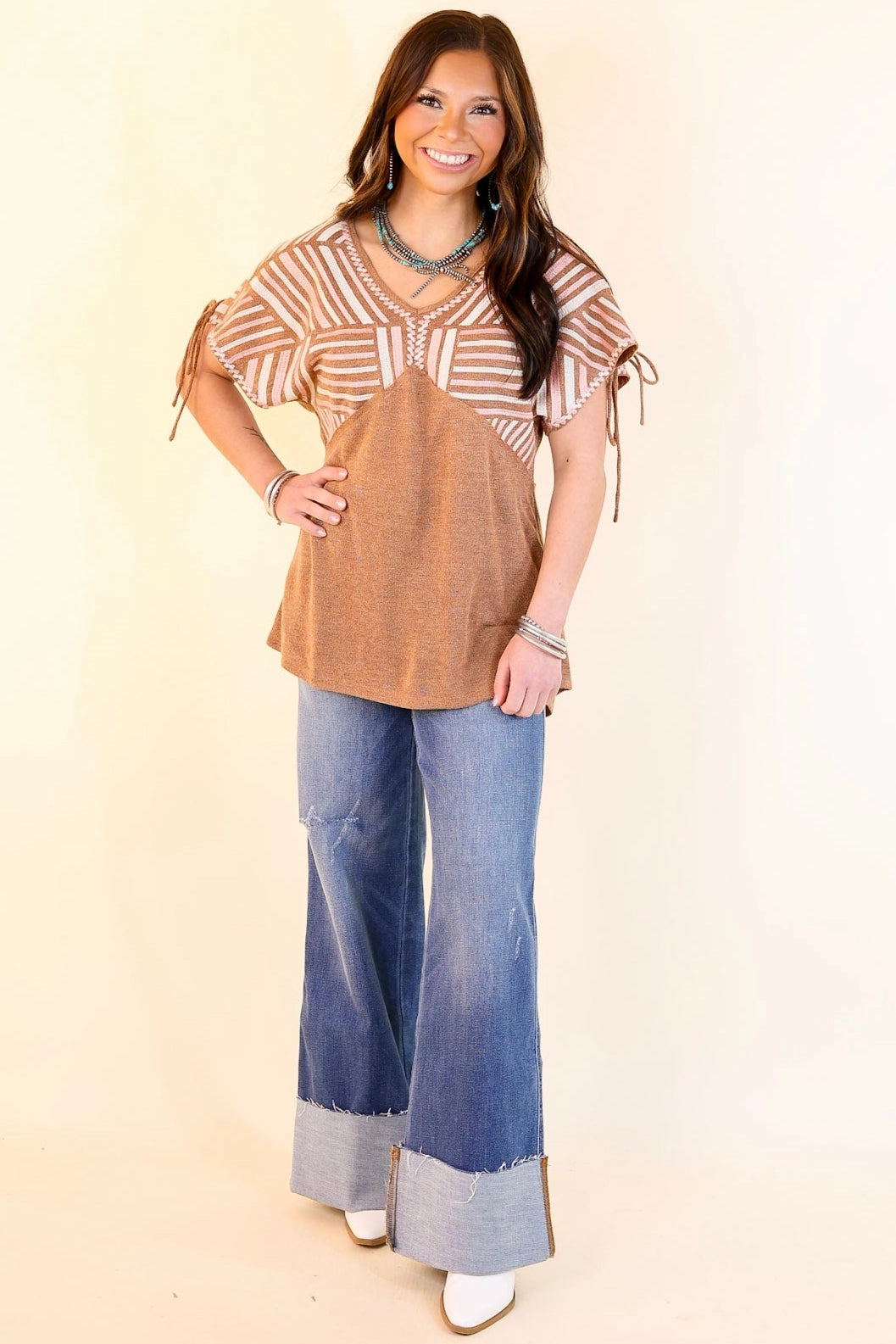 In the Desert Pink and Ivory Embroidered Top with Sleeve Ties in Brown Hot Weather UltraSoft Blend