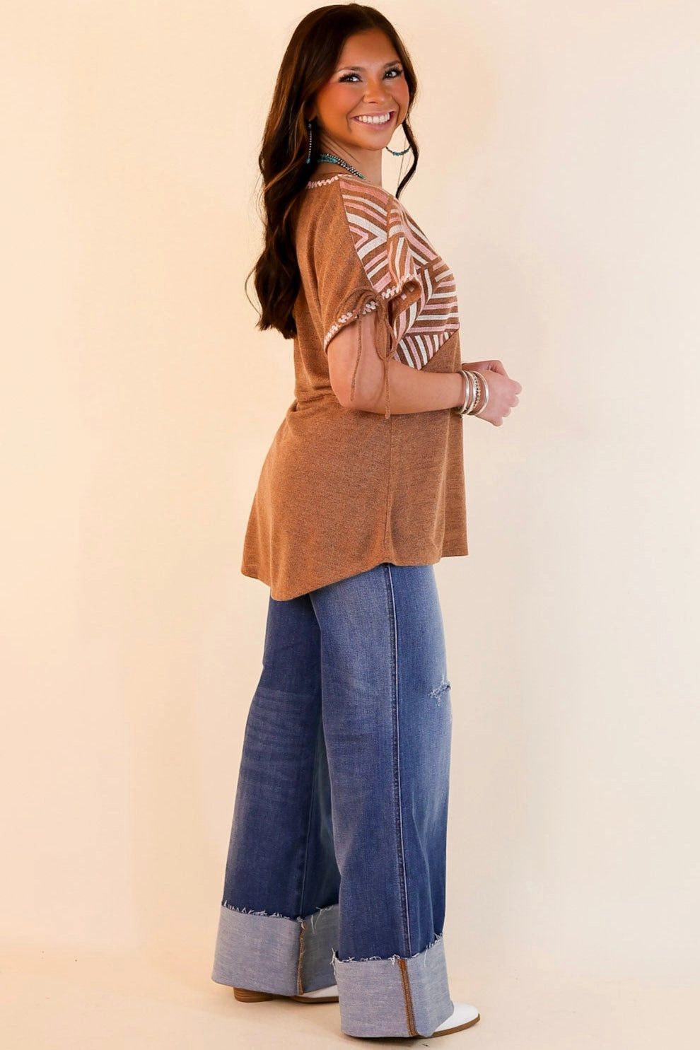 Smooth Stitching StretchableKnit In the Desert Pink and Ivory Embroidered Top with Sleeve Ties in Brown