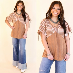 Temperature Regulating Fibers In the Desert Pink and Ivory Embroidered Top with Sleeve Ties in Brown