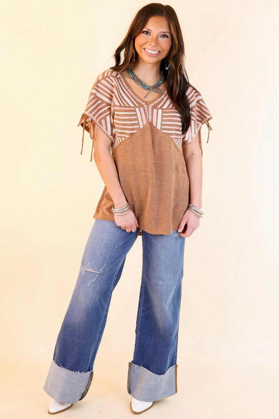 FrictionResistant Trim In the Desert Pink and Ivory Embroidered Top with Sleeve Ties in Brown