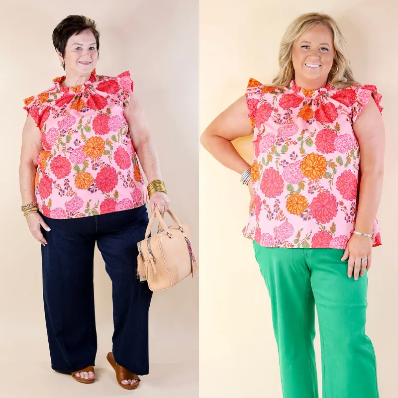 QuickDry Blossom Breeze Floral Print Ruffle Cap Sleeve Top in Pink