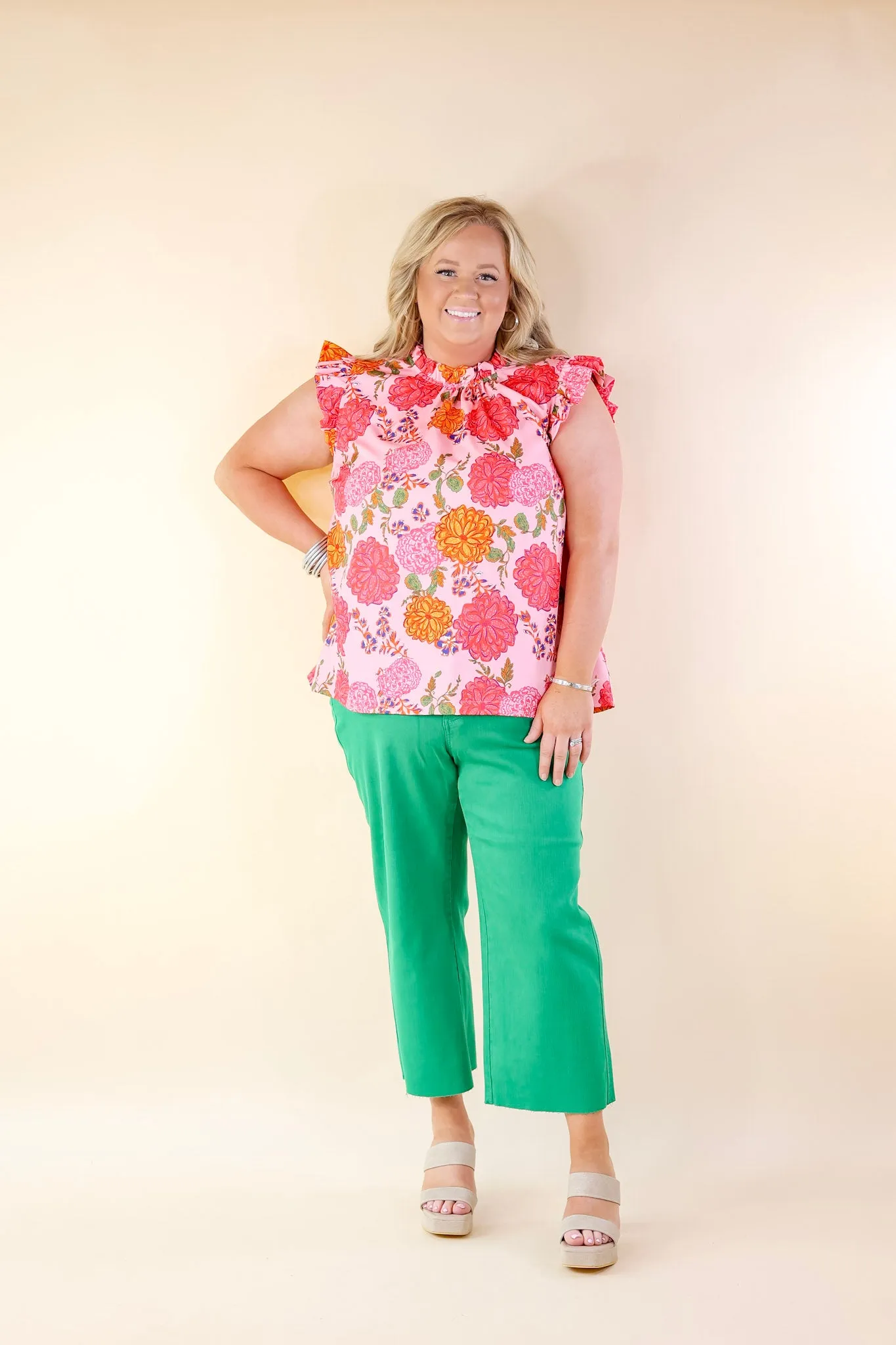 Bold Step Blossom Breeze Floral Print Ruffle Cap Sleeve Top in Pink