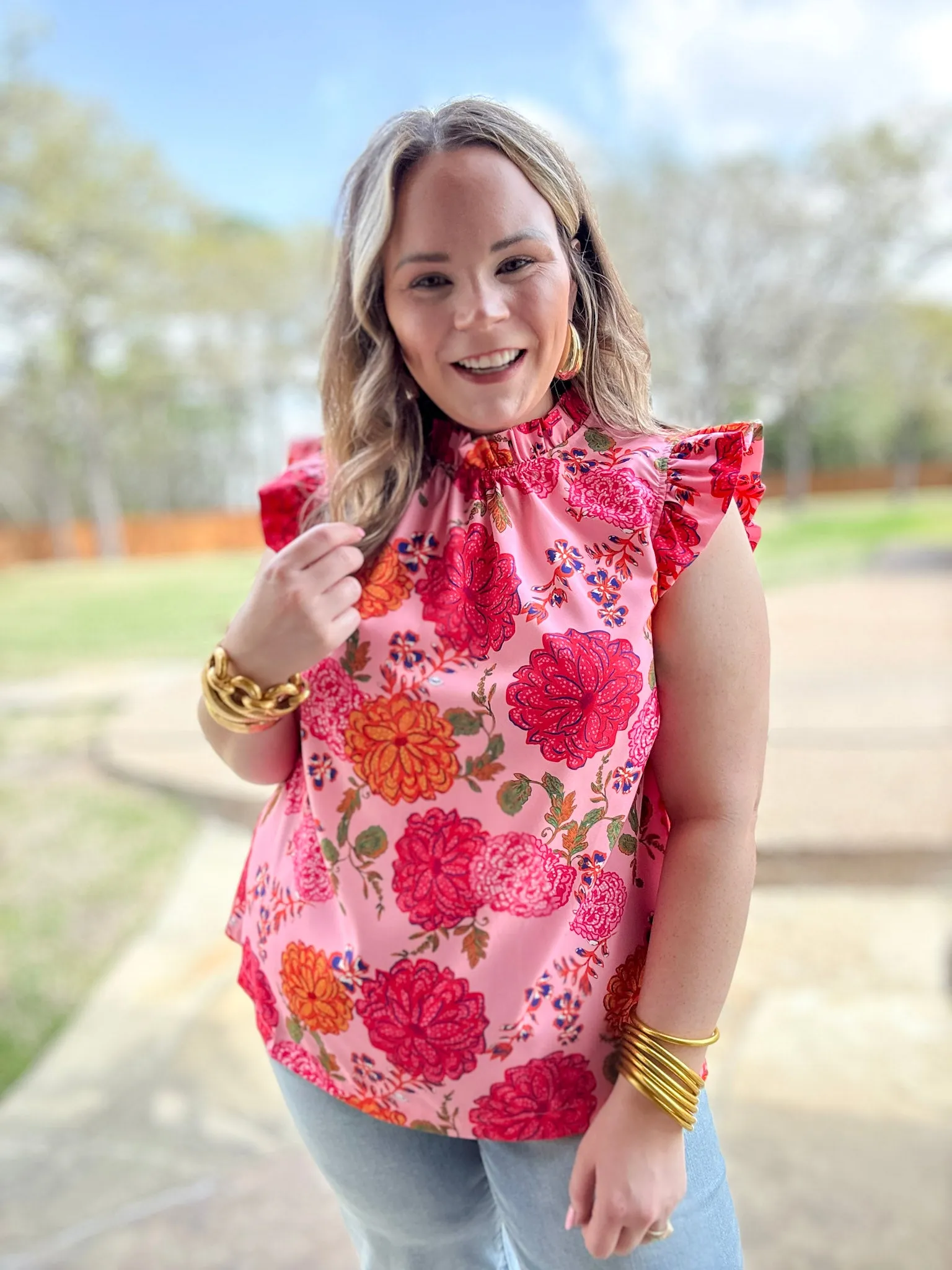 River Flow Flexible Waistline Blossom Breeze Floral Print Ruffle Cap Sleeve Top in Pink