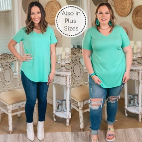 Simply Obsessed Ribbed Short Sleeve V Neck Top in Mint Strong Glow